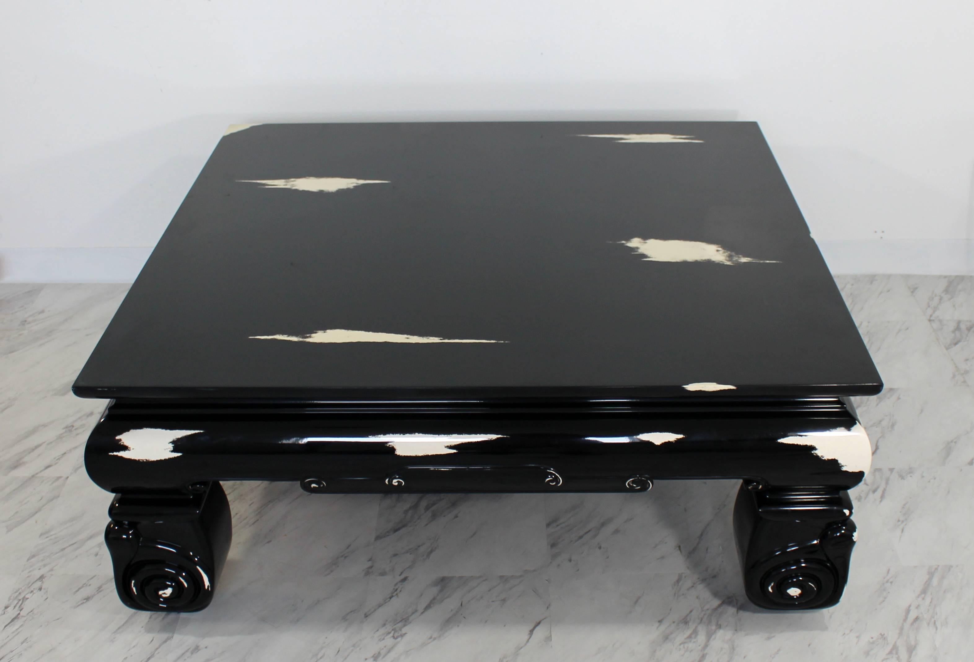 For your consideration is an oversized, square coffee table, with a black lacquer, palomino print, Karl Springer style. In excellent condition. The dimensions are 46" Sq x 18.5" H.