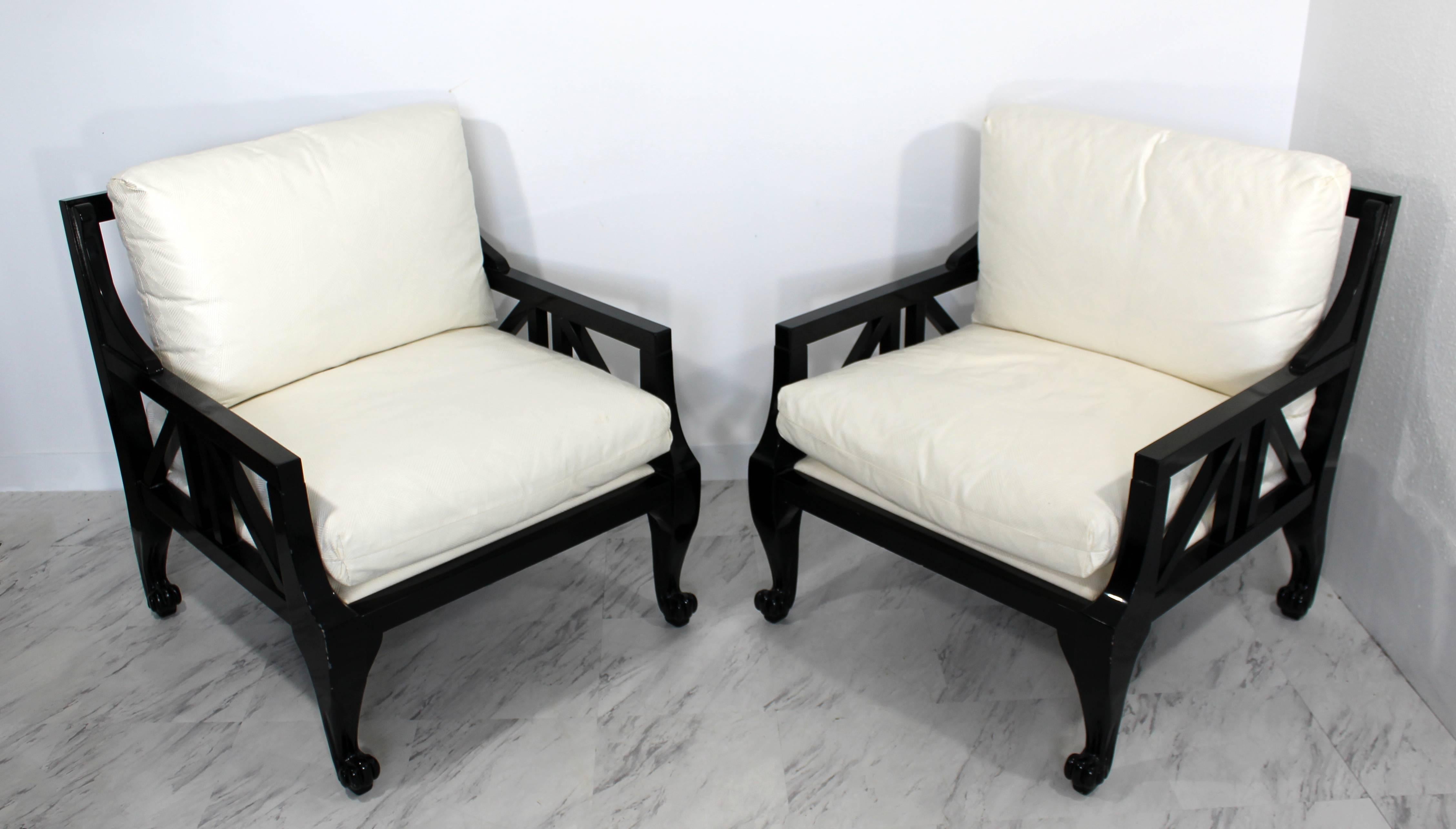 American Mid-Century Modern Pair Style of Barbara Barry for Baker Black Lacquer Armchairs