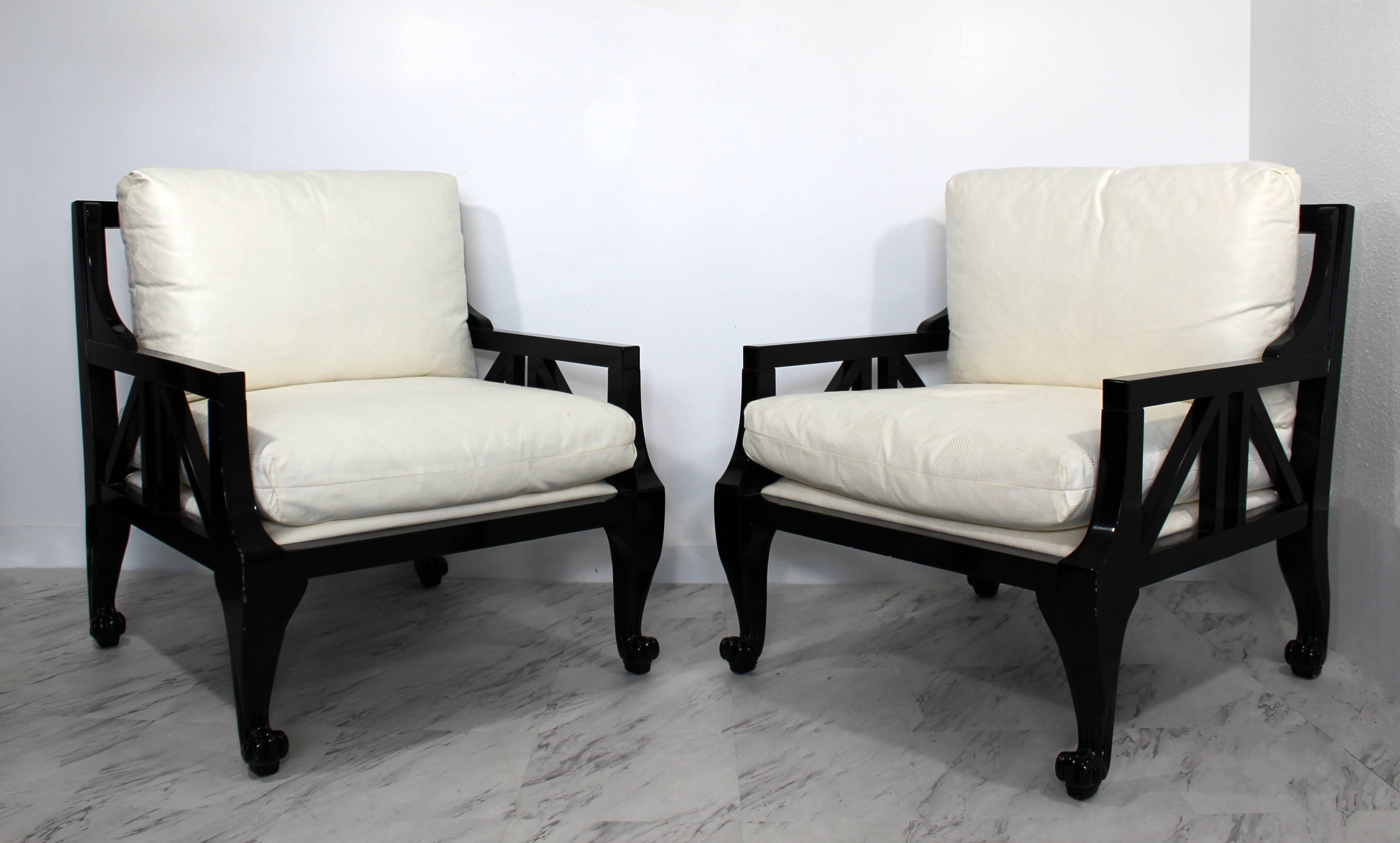 Hollywood Regency Mid-Century Modern Pair Style of Barbara Barry for Baker Black Lacquer Armchairs