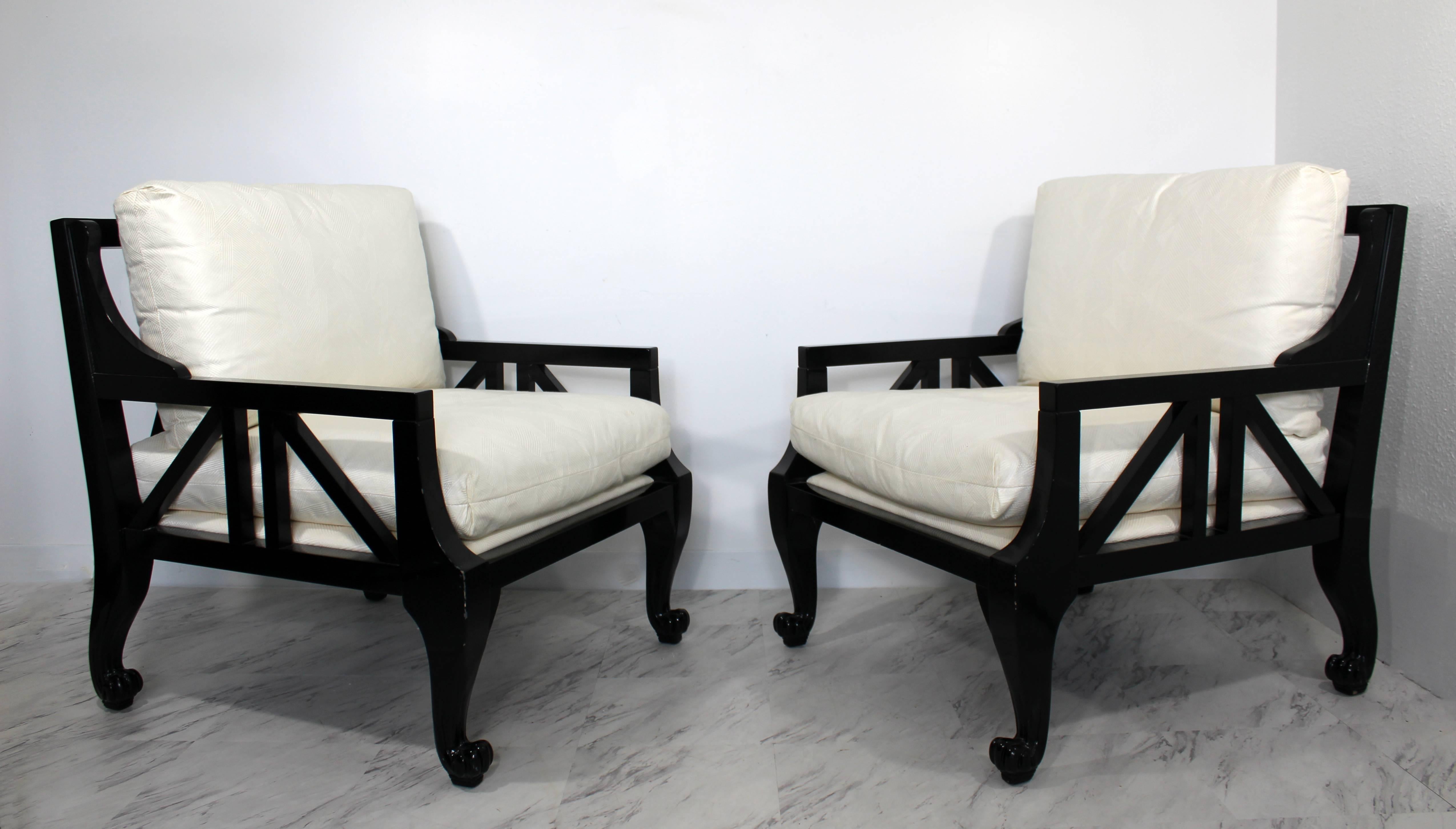 For your consideration is an incredible pair of black lacquer, oversized armchairs in the style of Barbara Barry for Baker. In very good condition. The dimensions are 30" W x 32" D x 32" B.H. x 19" S.H.