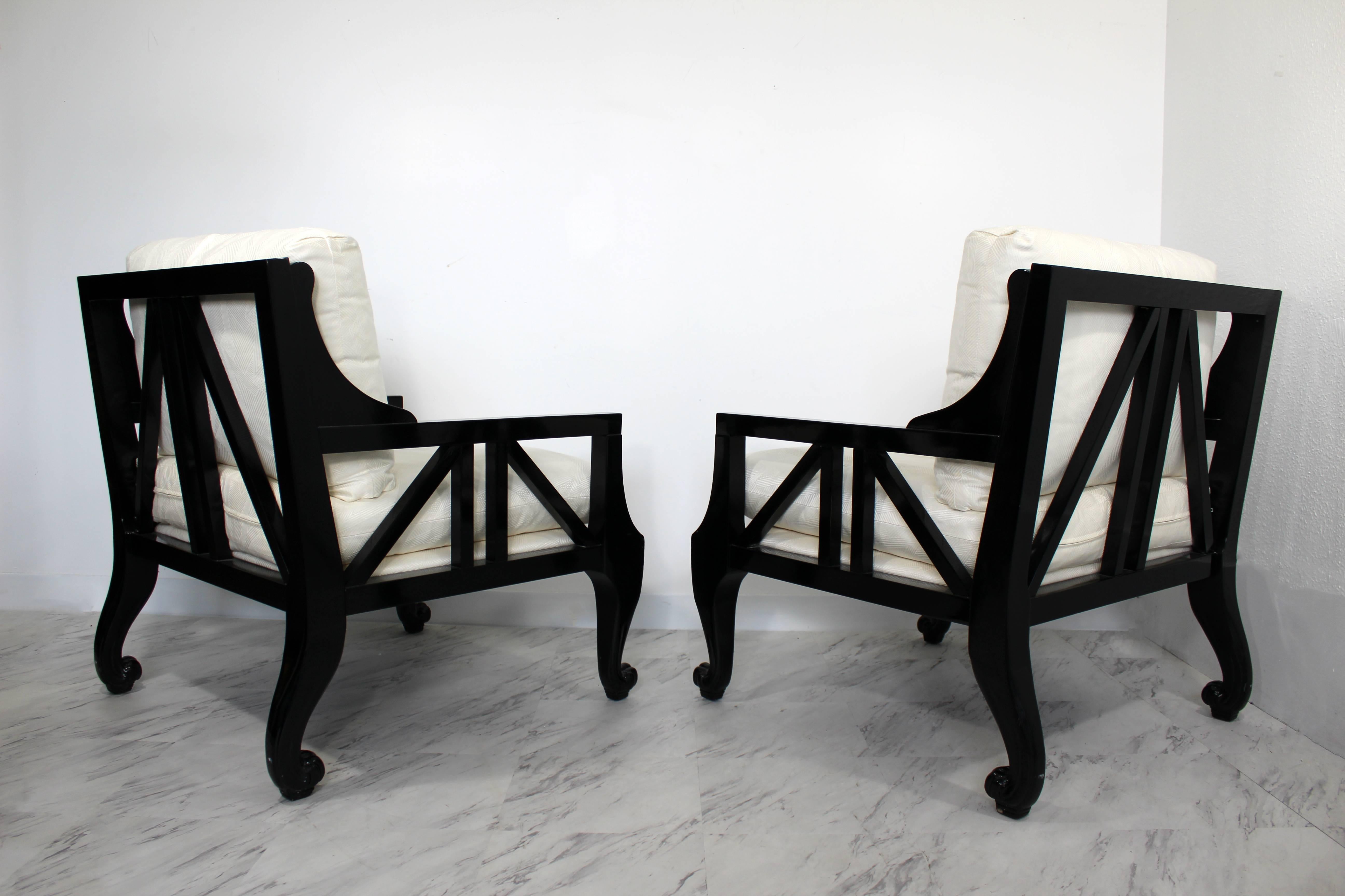 Mid-Century Modern Pair Style of Barbara Barry for Baker Black Lacquer Armchairs In Good Condition In Keego Harbor, MI