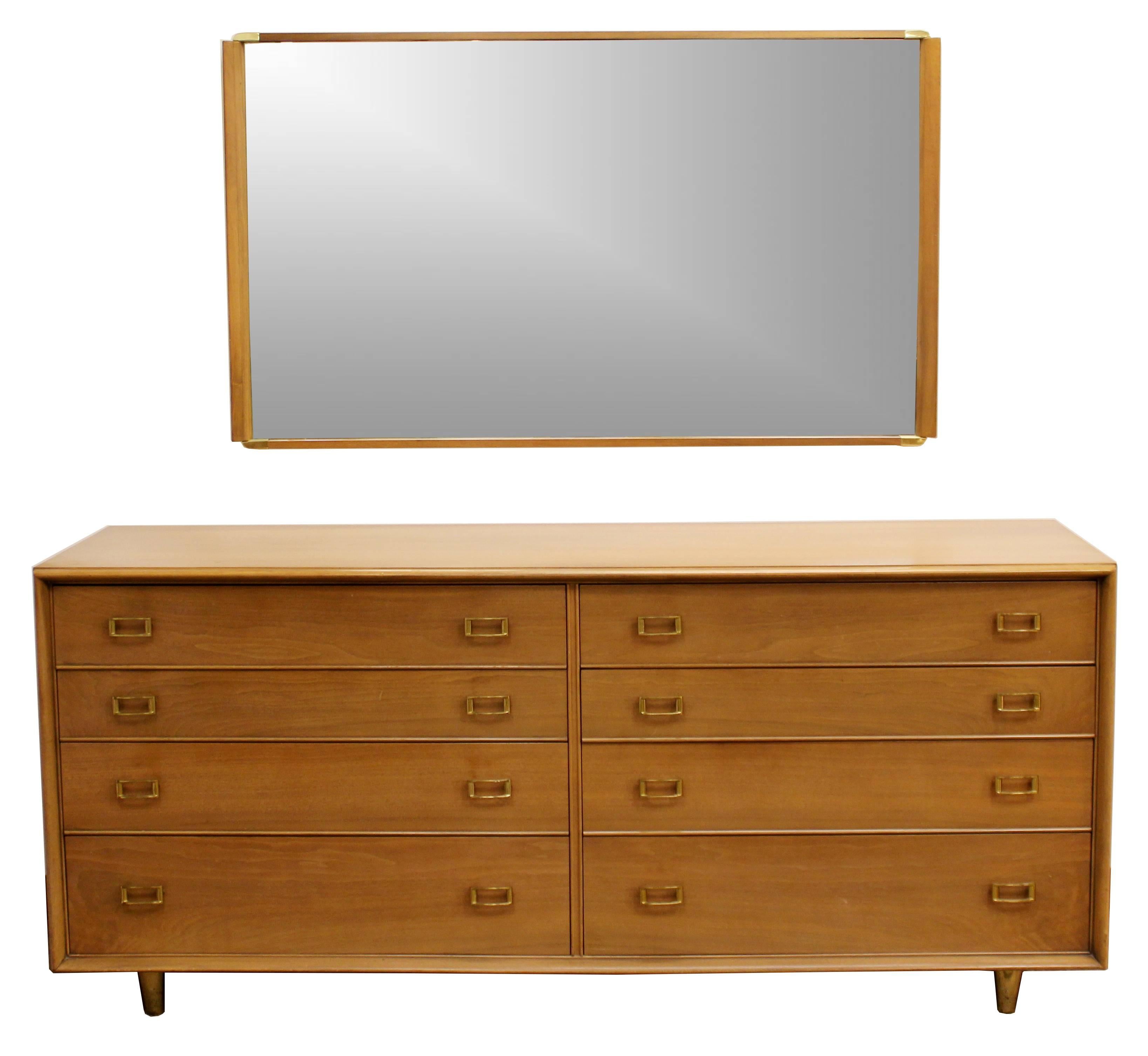 For your consideration is a truly marvelous bedroom set by Paul Frankl for Johnson Furniture Co. From the Emissary collection. Included are a highboy dresser with mirror, a lowboy dresser with mirror, a pair of curved nightstands and a king-sized