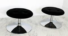 Mid-Century Modern Pace Pair of Black Velvet Chrome Swivel Stools Ottomans 1970s