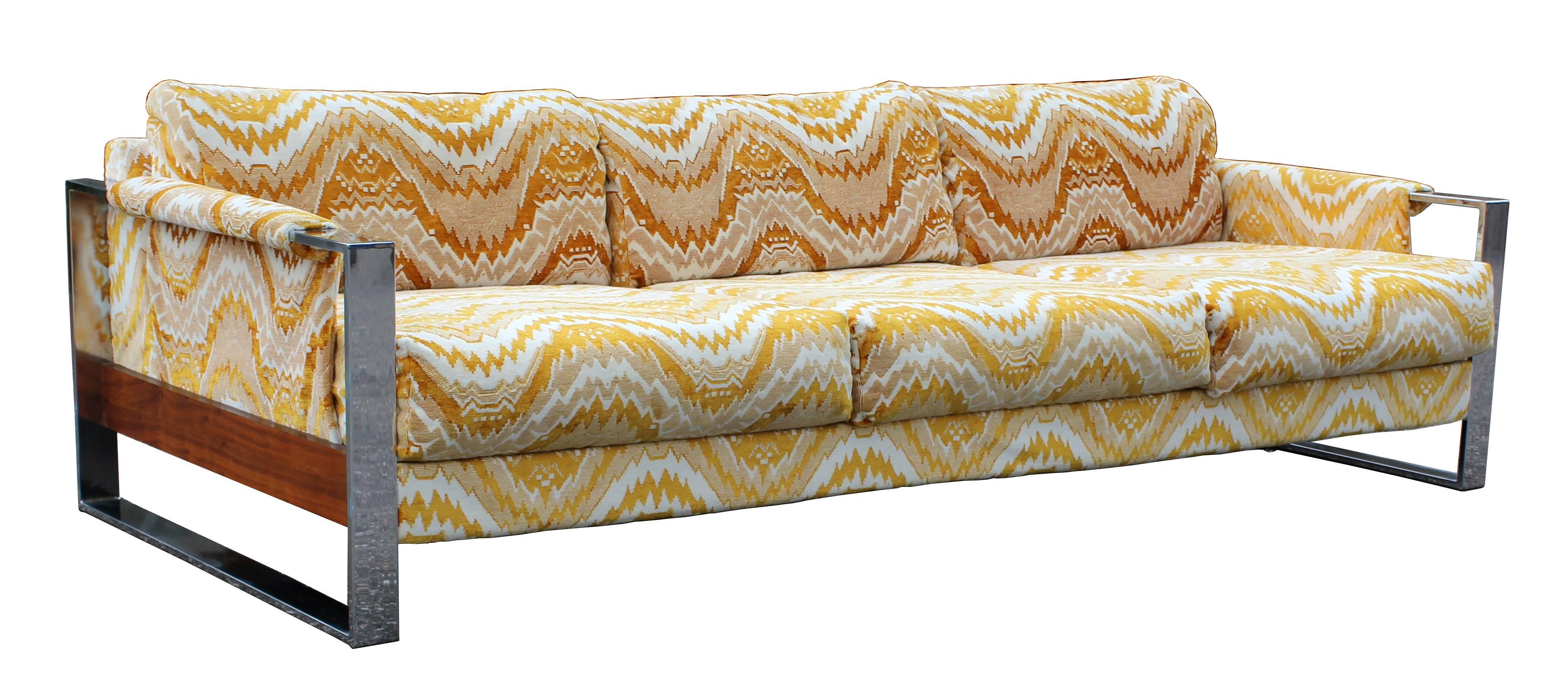 Mid-Century Modern Milo Baughman Flat Bar Chrome & Wood Sofa Lounge Chair Set Lenor Larsen Fabric