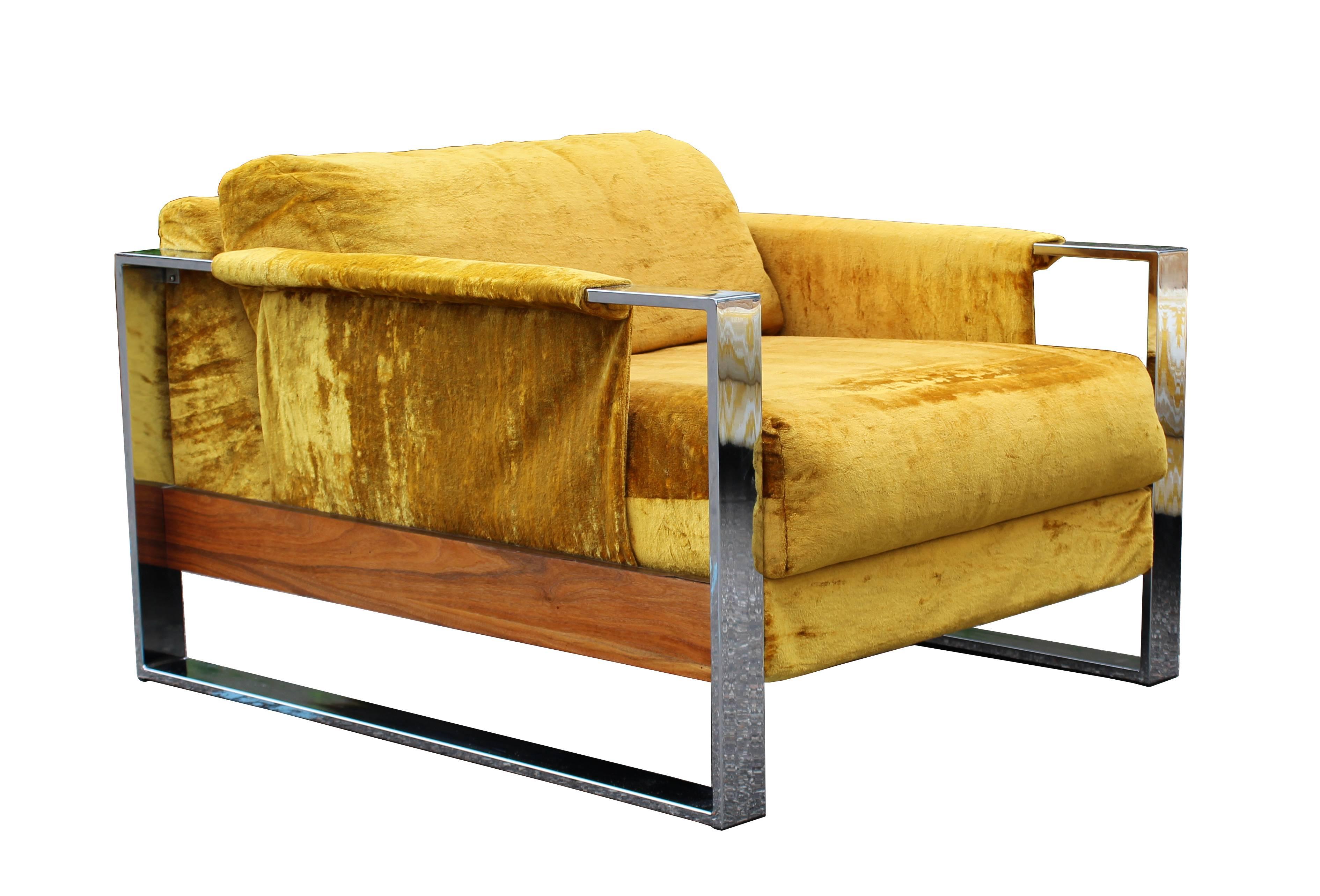 Milo Baughman Flat Bar Chrome & Wood Sofa Lounge Chair Set Lenor Larsen Fabric 2