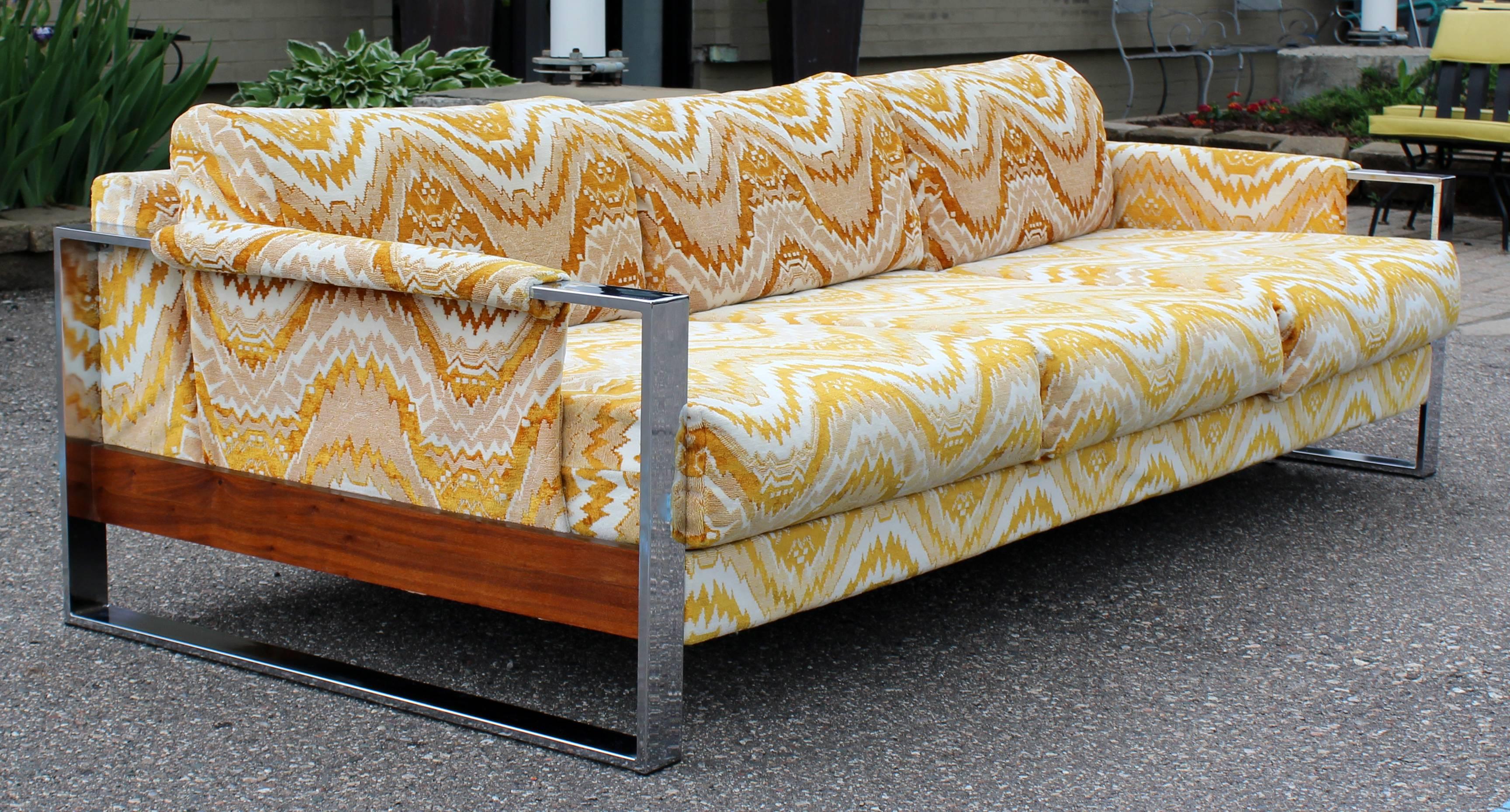 American Milo Baughman Flat Bar Chrome & Wood Sofa Lounge Chair Set Lenor Larsen Fabric