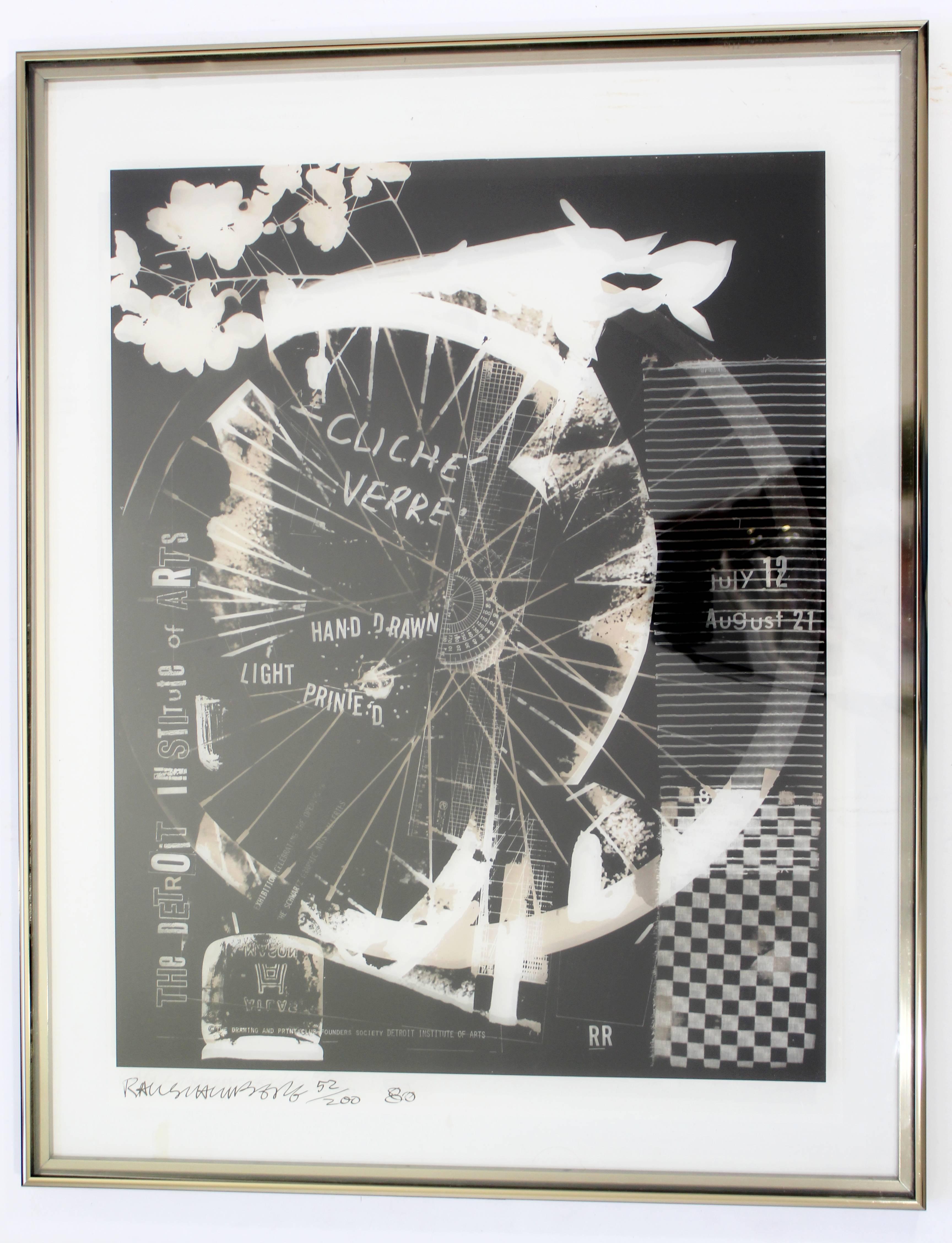 For your consideration is a framed, signed and numbered photolithograph on transparent mylar by Robert Rauschenberg, 52/200. In excellent condition. The dimensions are 23