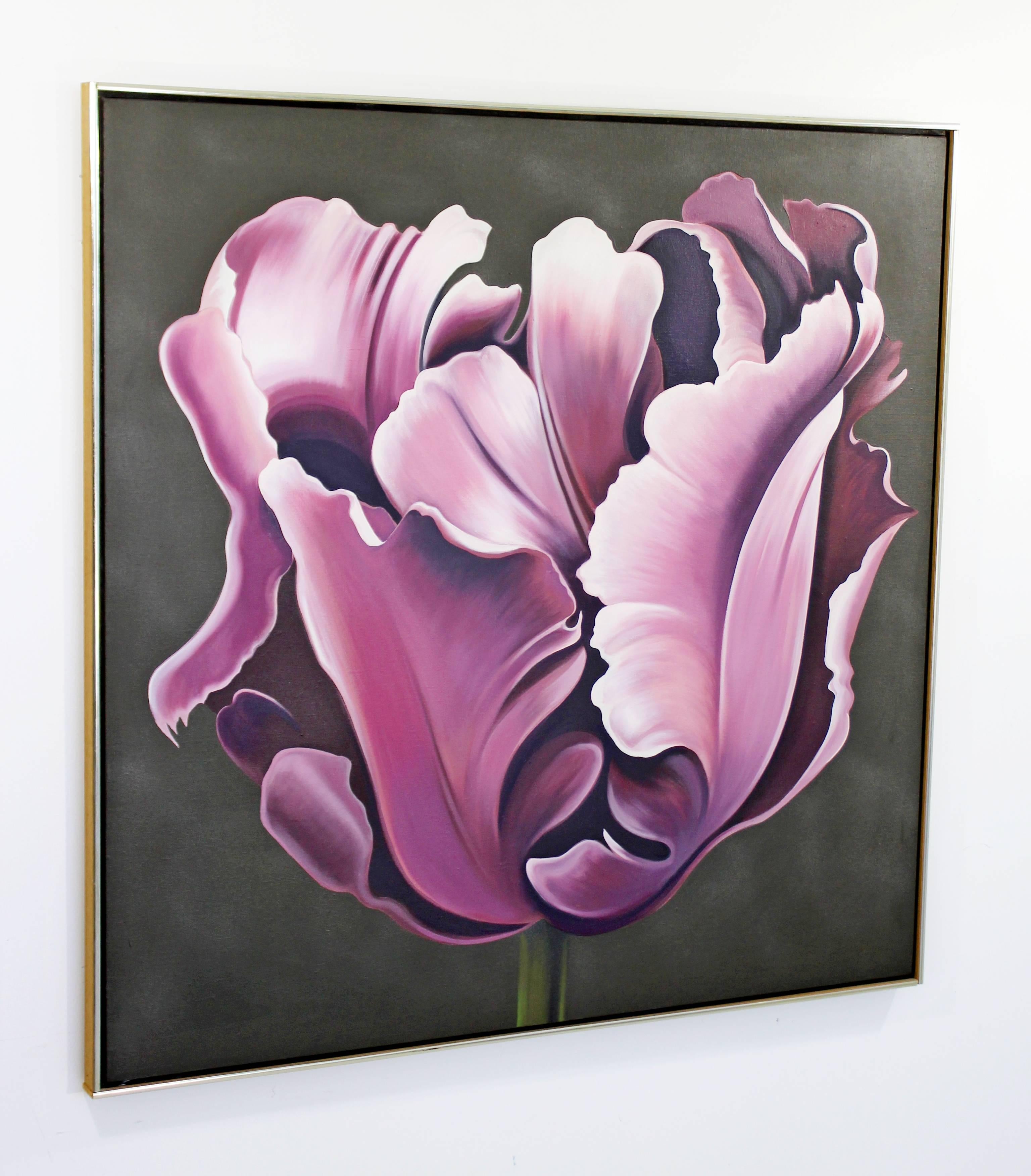 For your consideration is an incredible oil painting on canvas, signed and dated by Lowell Nesbitt, entitled Violet Parrot Tulip, circa 1974. In excellent condition. Comes with a COA from Detroit Fine Art Appraisers. The dimensions are 41