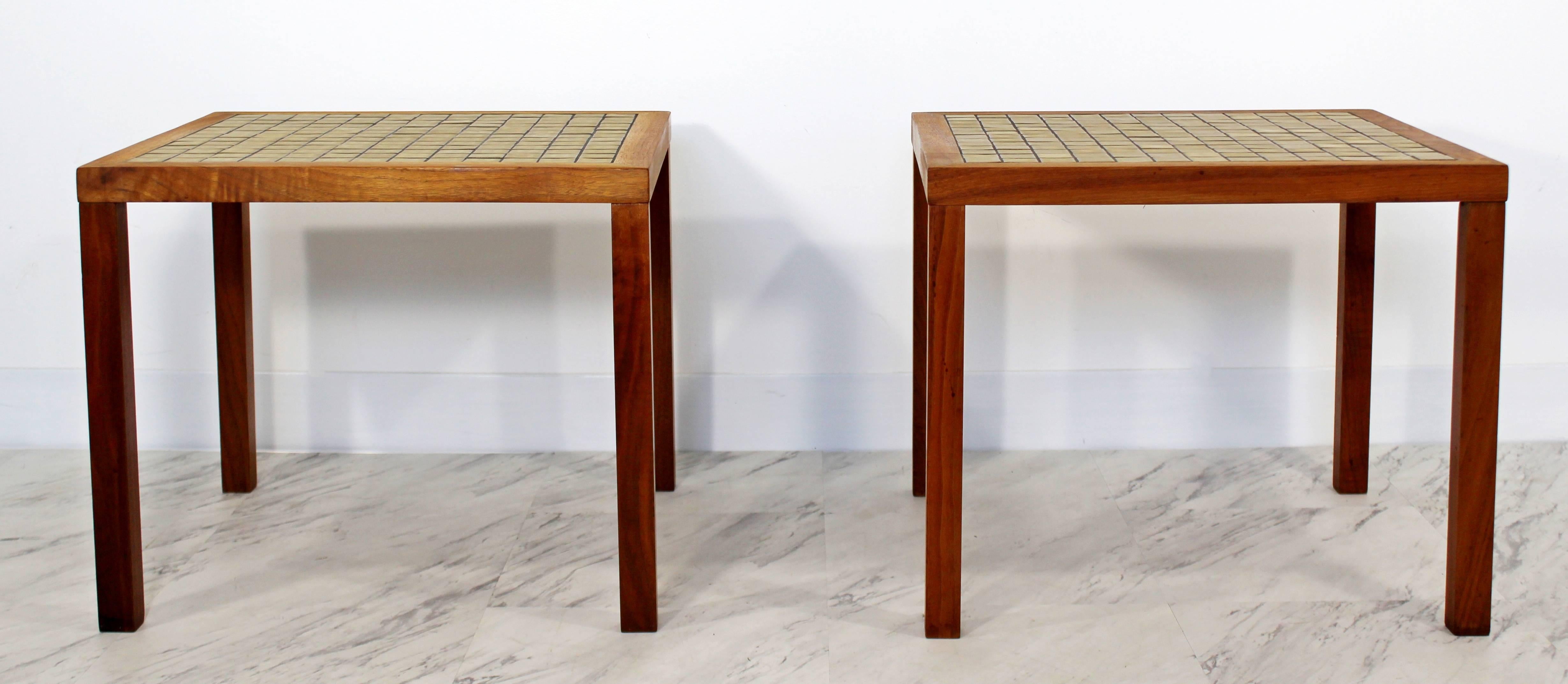 For your consideration is a simple and beautiful pair of green tile top side tables and walnut wood by Martz, circa the 1960s. In excellent condition. The dimensions are 19