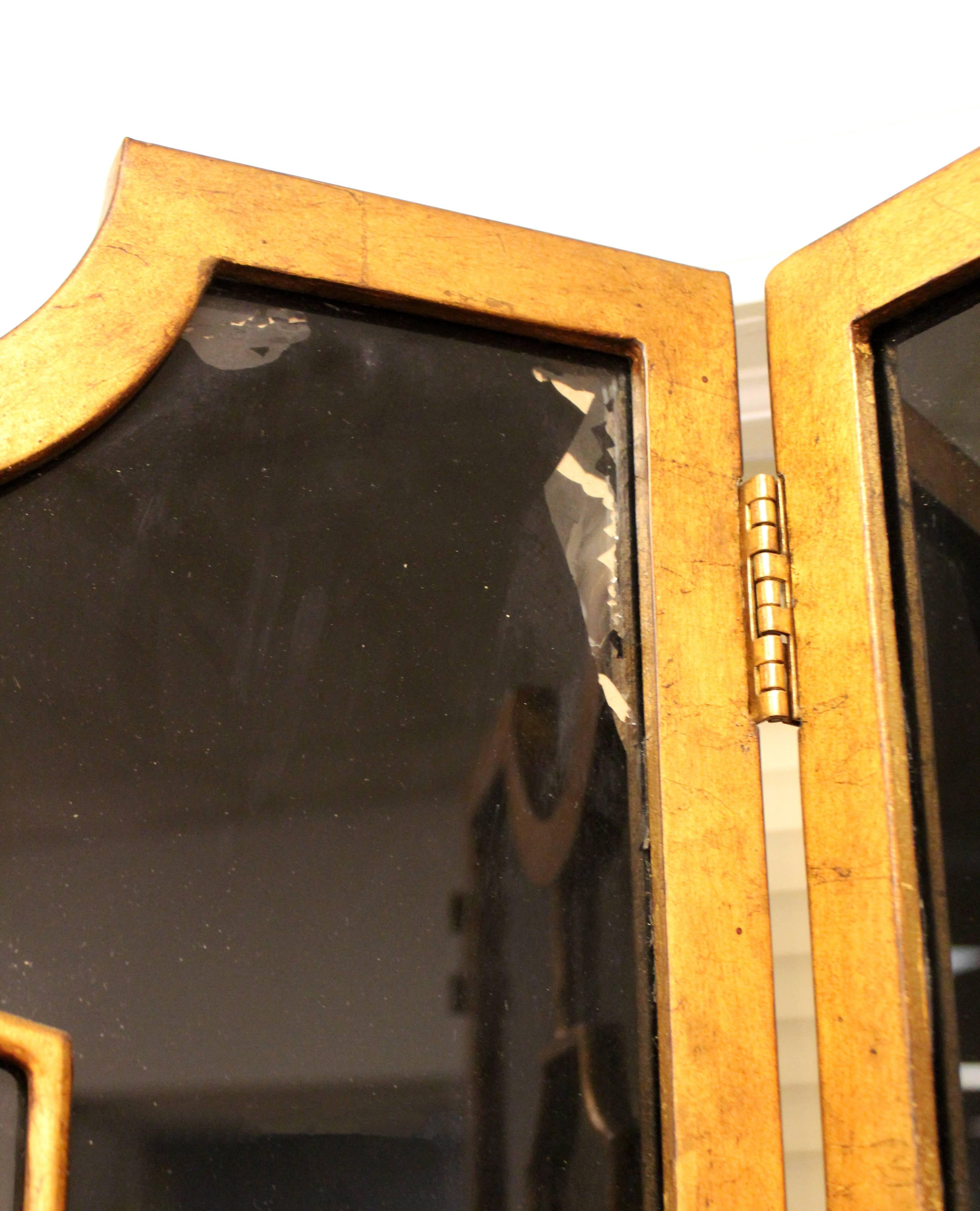 Hollywood Regency Art Deco Black Glass Bronze Folding Screen Room Divider 1