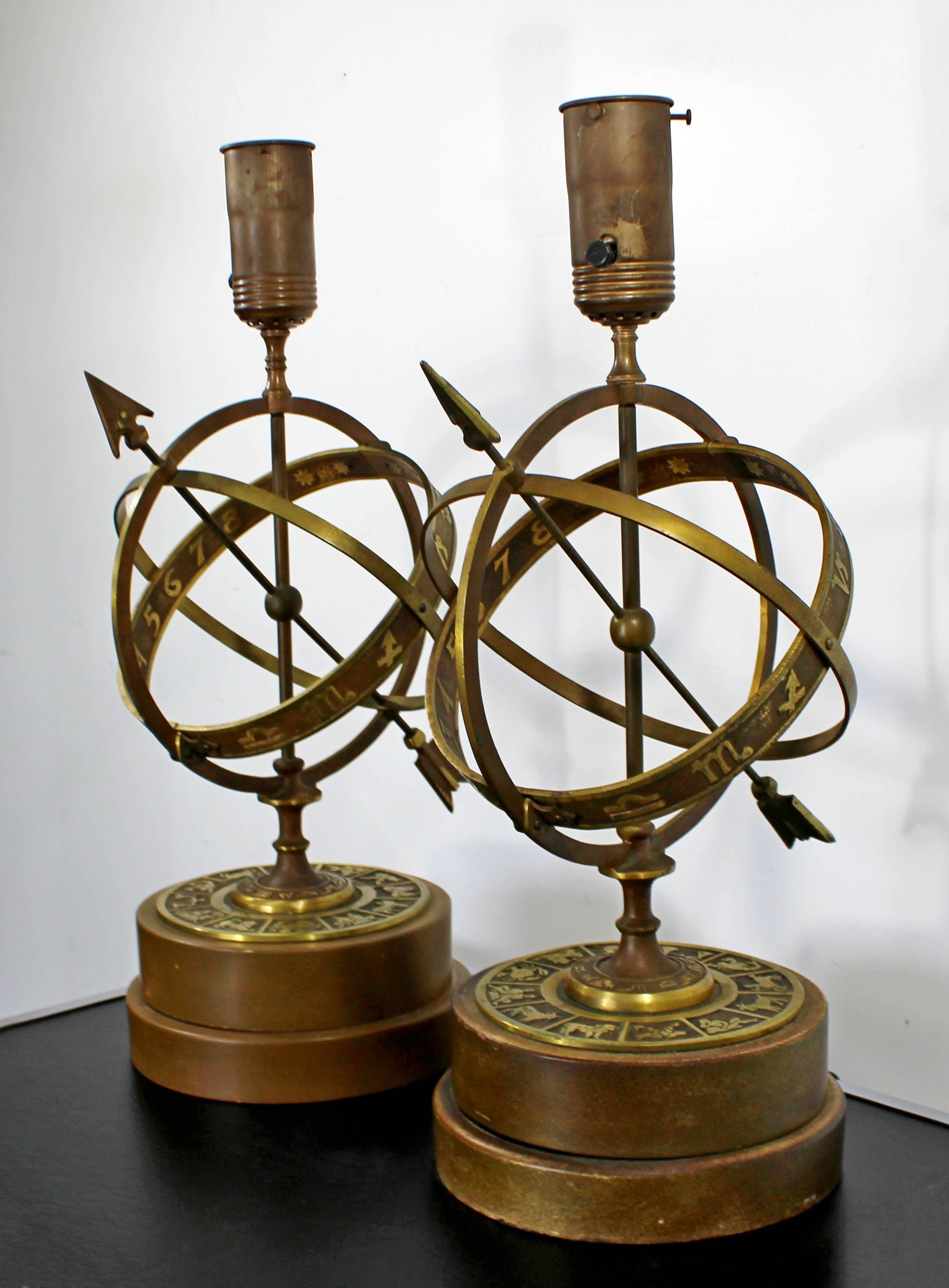 American Mid-Century Modern Pair of Frederick Cooper Astrological Armillary Table Lamps