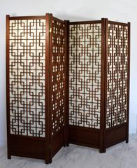 Mid-Century Modern Mahogany Geometric Folding Four-Panel Standing Screen, 1960s