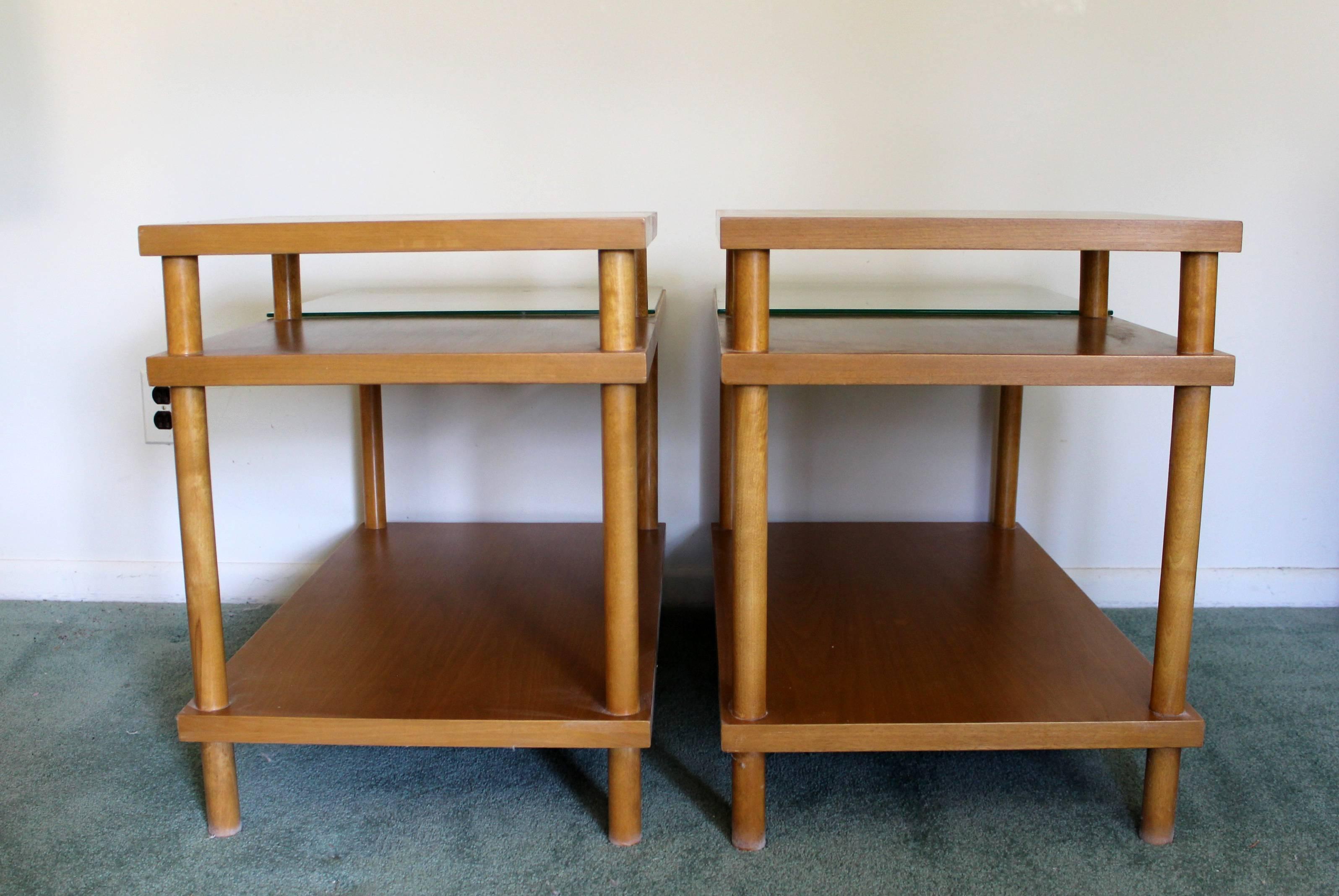 For your consideration is a fantastic pair of unique, two tiered side tables by Robsjohn-Gibbings for Widdicomb. Excellent condition with original tags. The dimensions are 29.5