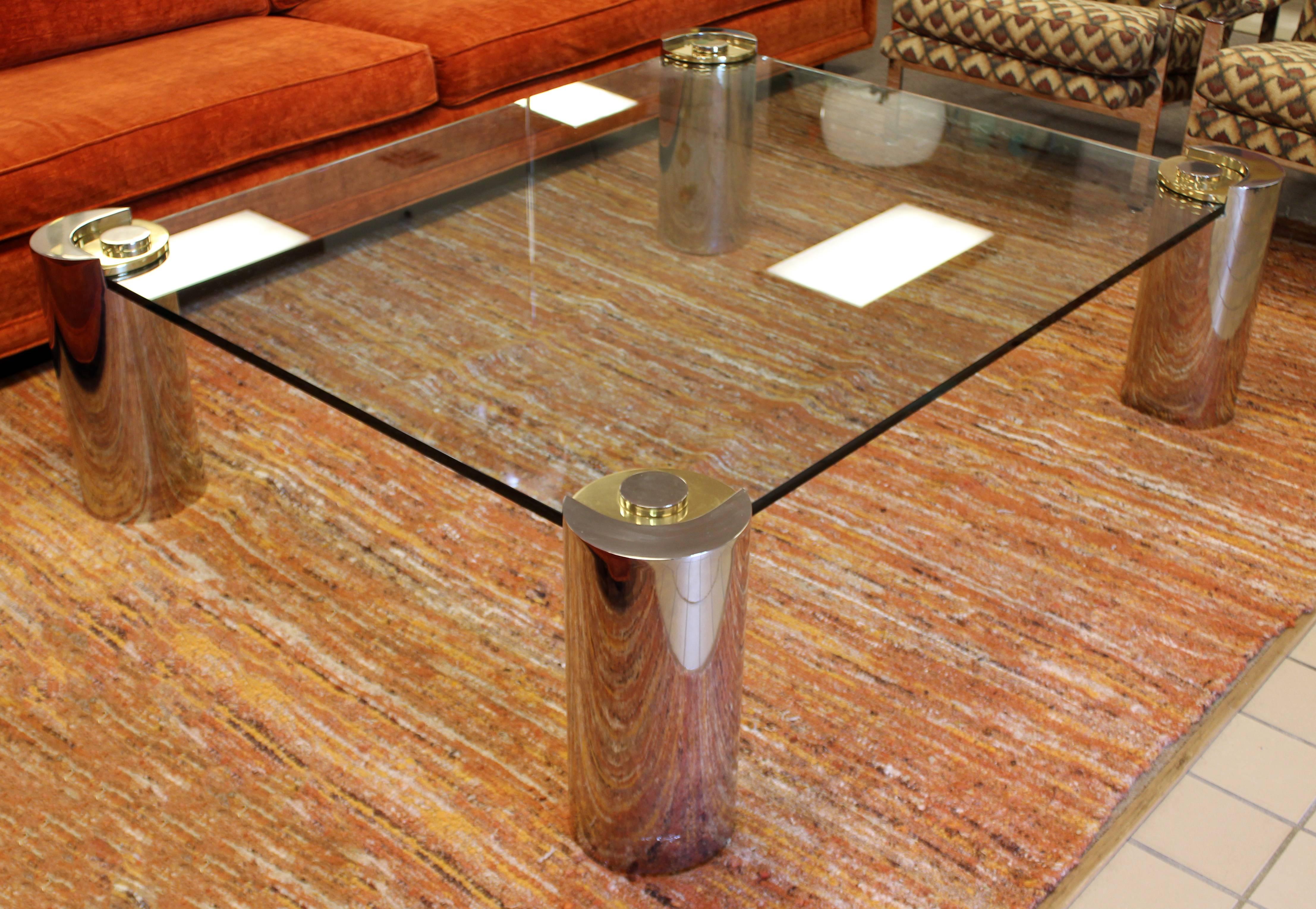 Mid-Century Modern Large Karl Springer Signed Brass Chrome Glass Coffee Table In Good Condition In Keego Harbor, MI