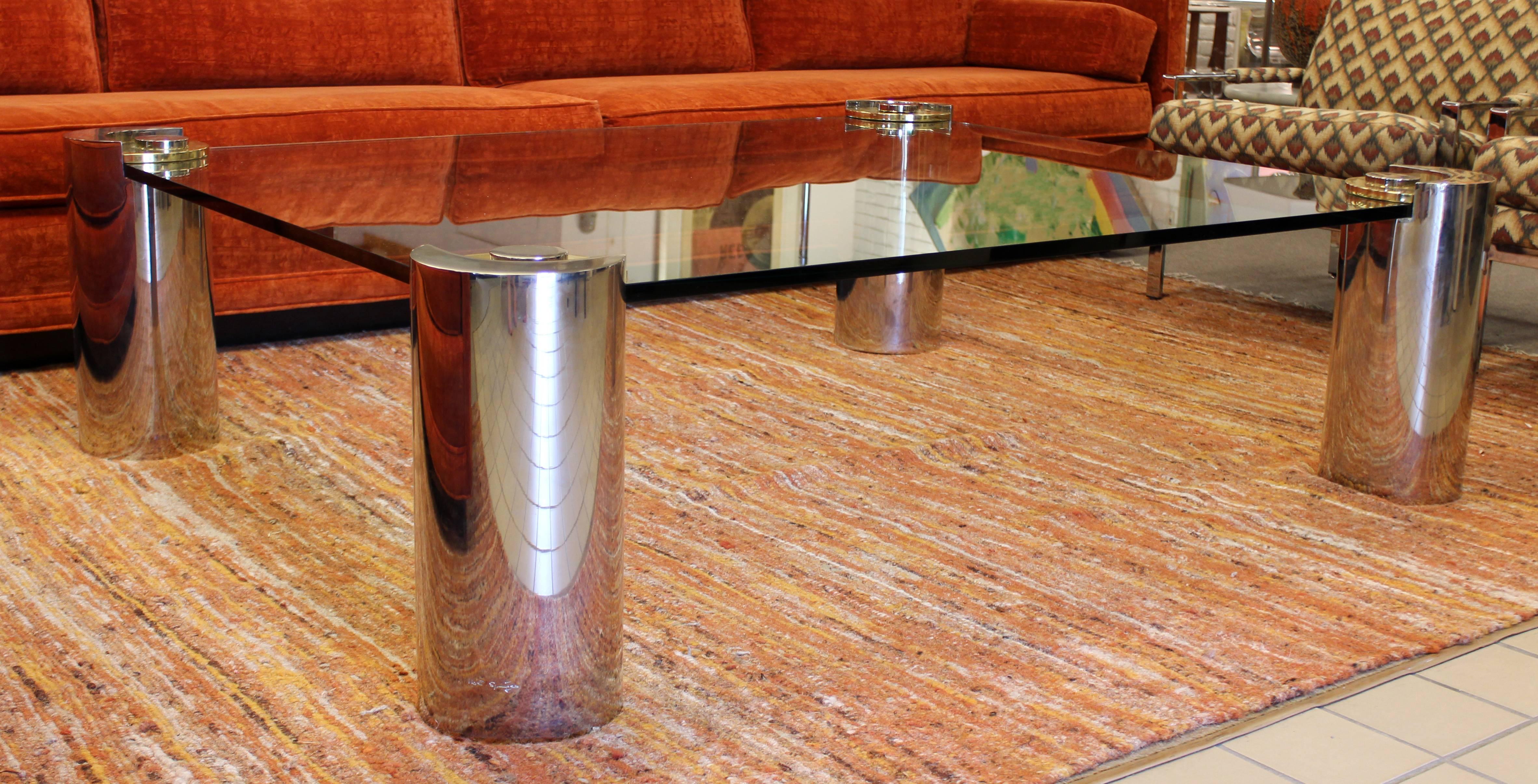 Mid-Century Modern Large Karl Springer Signed Brass Chrome Glass Coffee Table 1