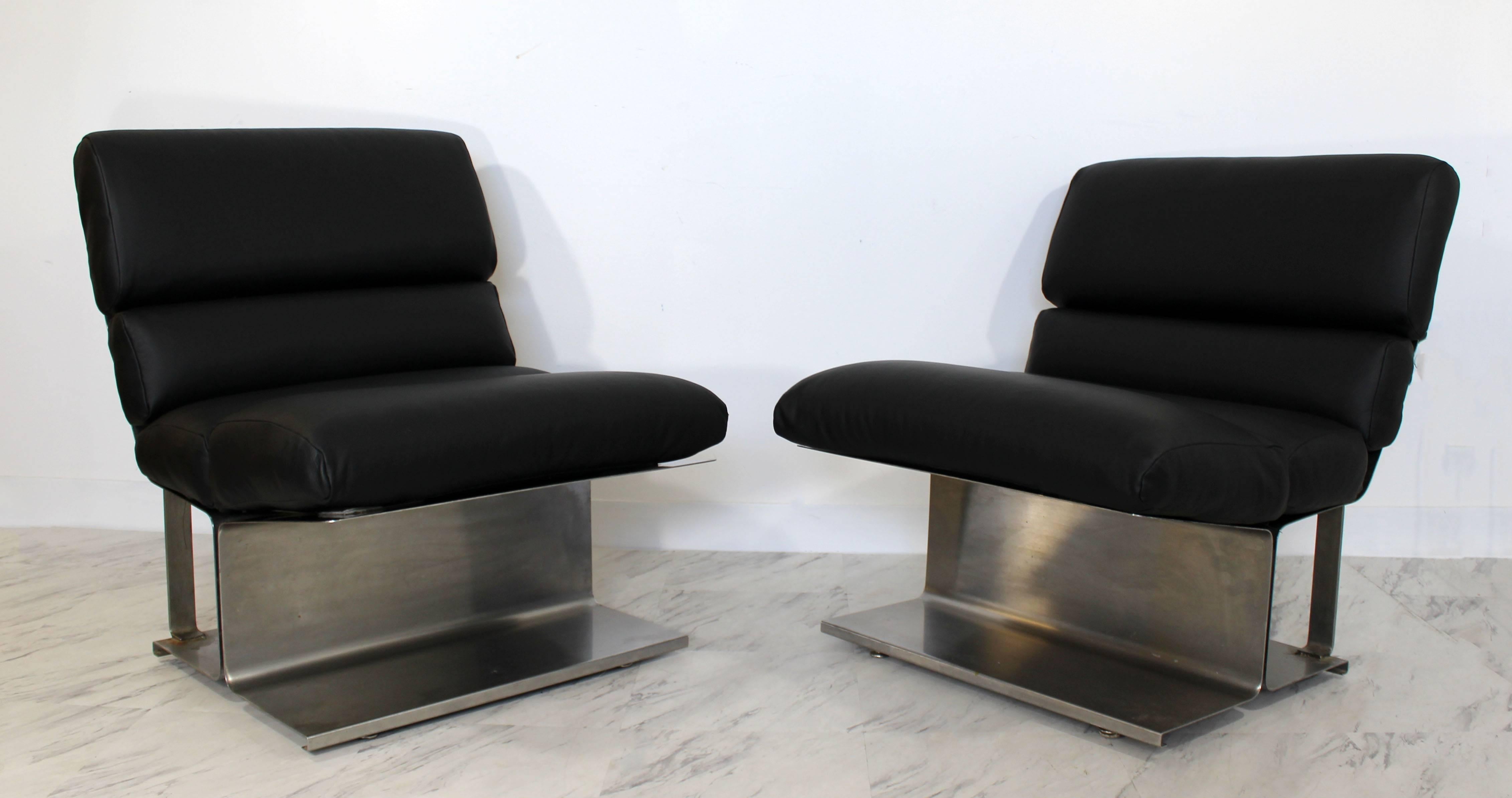 French Mid-Century Modern Pair of Steel Leather Lounge Chairs Paul Geoffroy Uginox