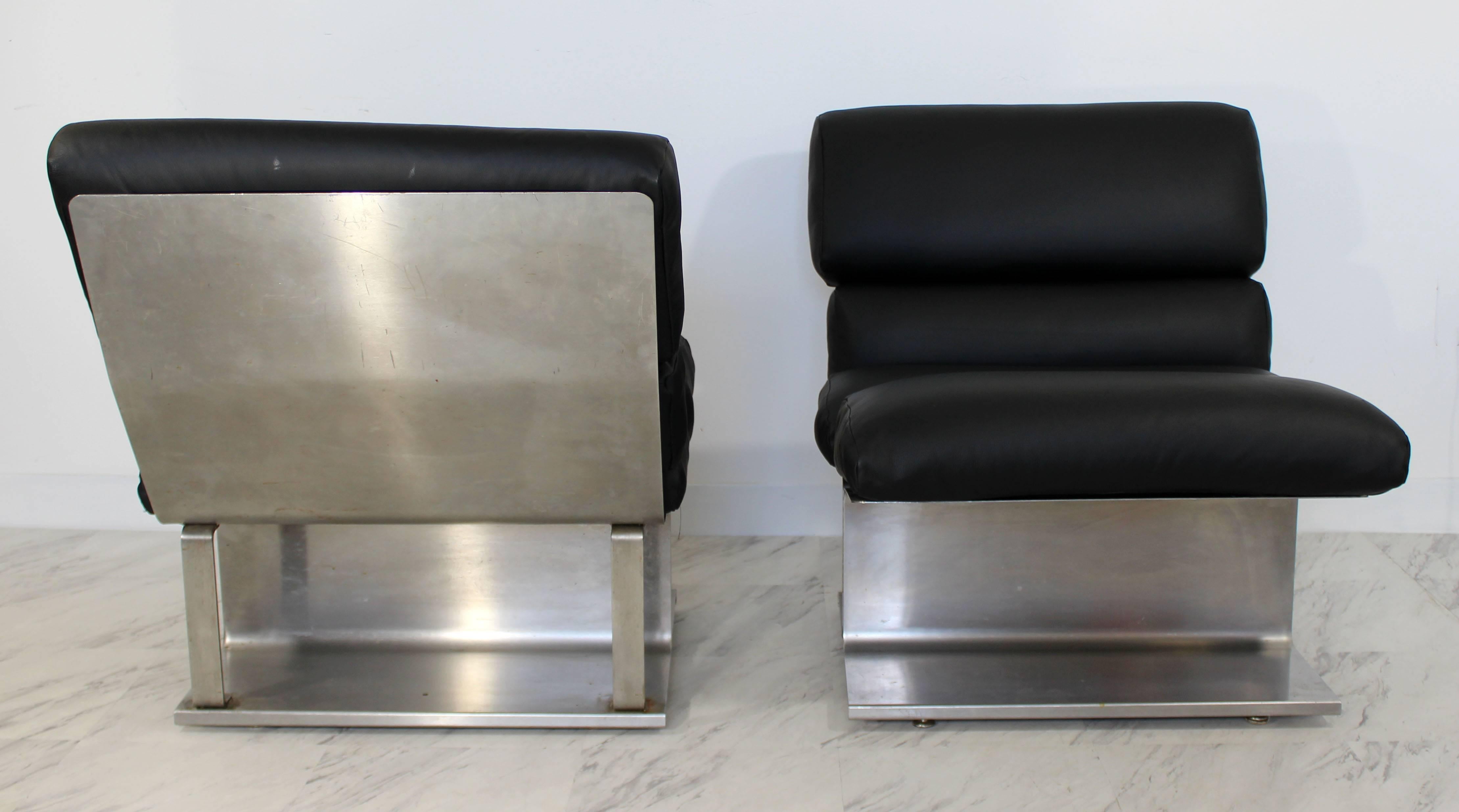 Late 20th Century Mid-Century Modern Pair of Steel Leather Lounge Chairs Paul Geoffroy Uginox