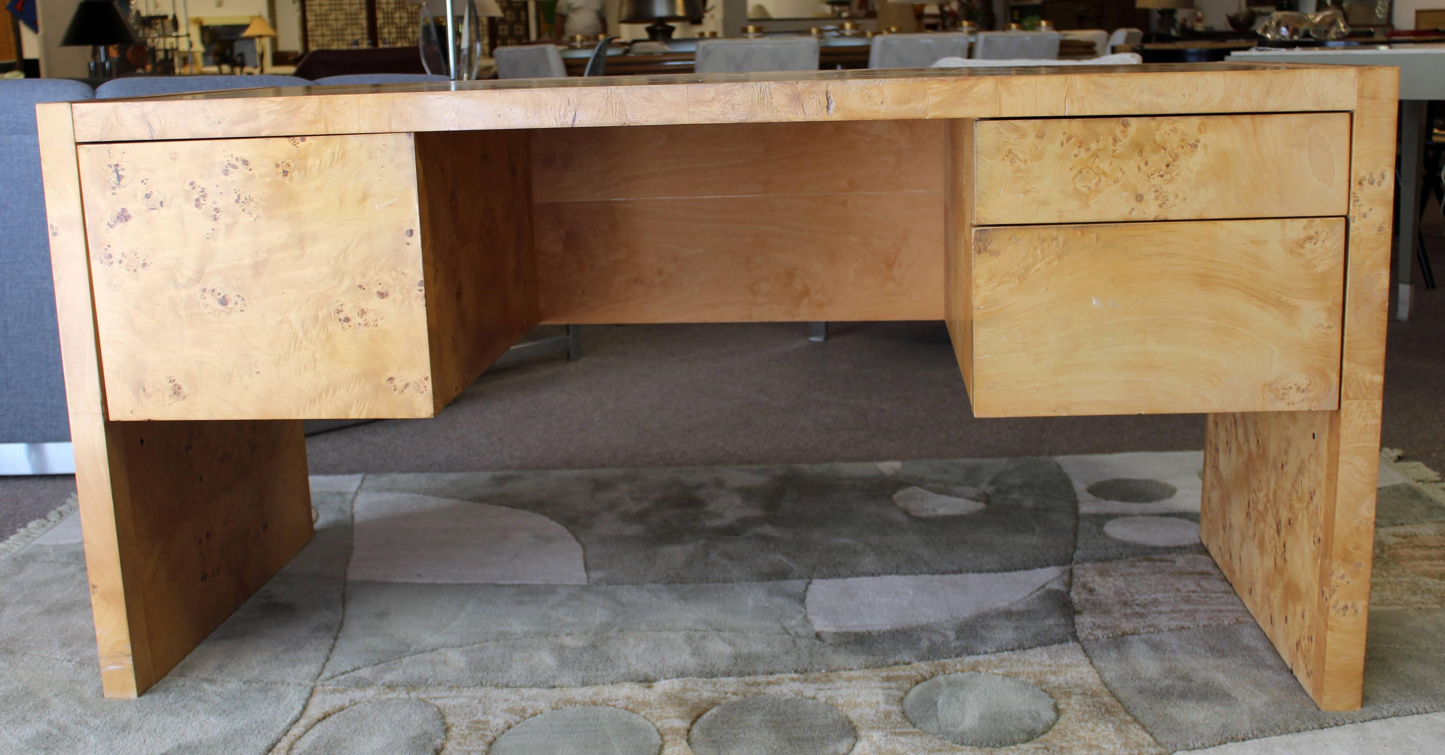 American Mid-Century Modern Milo Baughman Attributed Burl Wood Desk Three-Drawer, 1970s