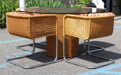 Mid-Century Modern Harvey Probber Wicker Patio Set Table and Four Basket Chairs