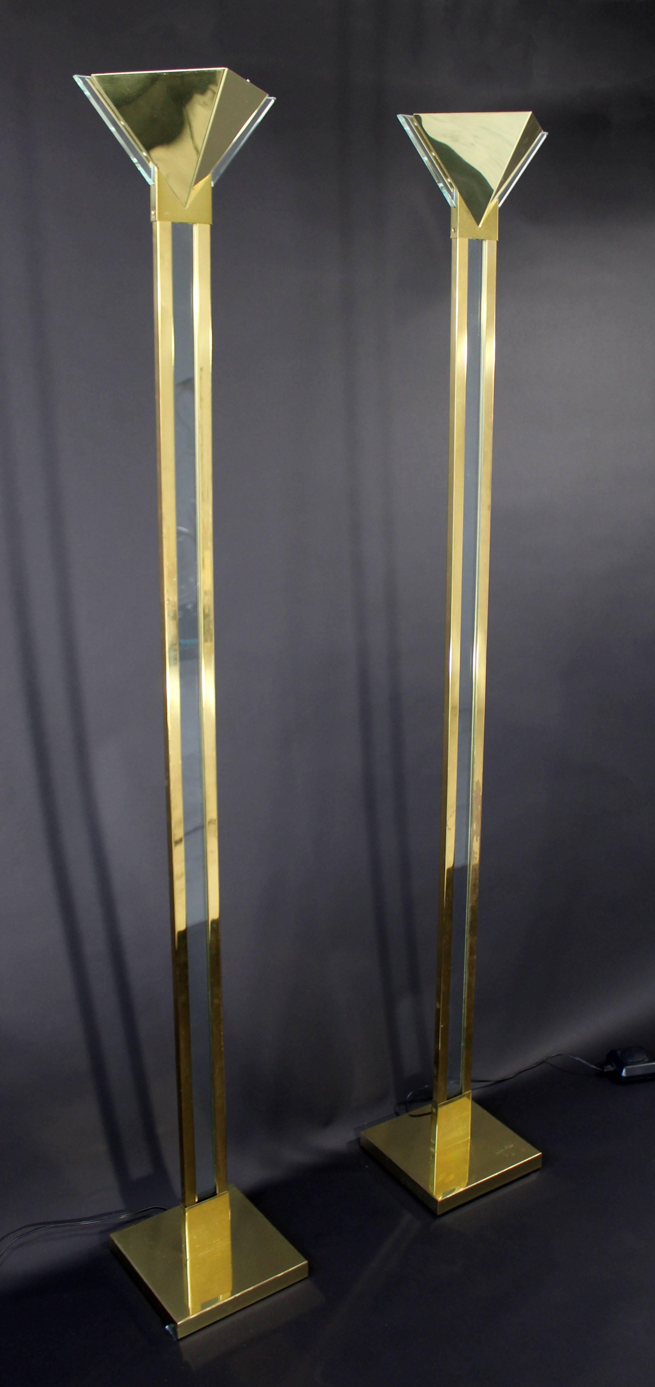American Mid-Century Modern Sonneman for Kovacs Brass Lucite Torchiere Floor Lamps, Pair