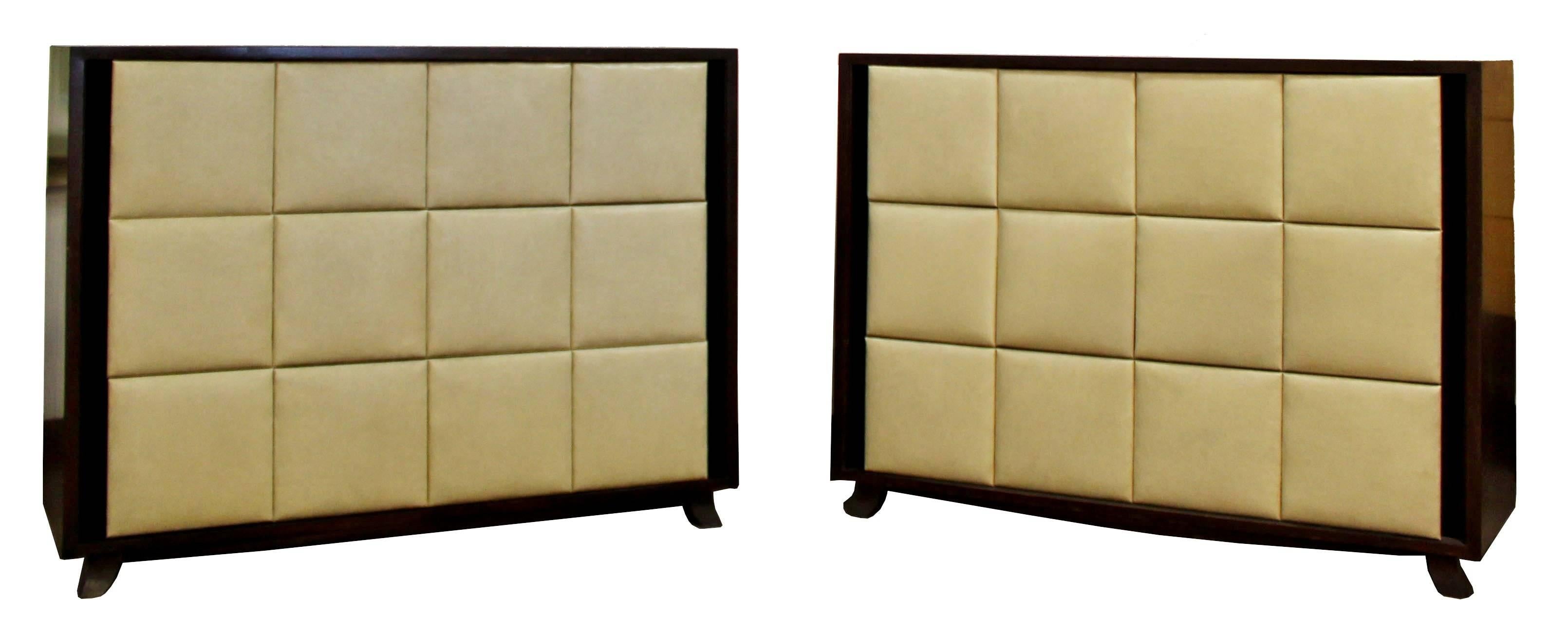 For your consideration is an incredible, seven piece, bedroom set, made of mahogany with padded cream leather shelves, by Gilbert Rohde for Herman Miller, circa the 1930s. In excellent condition, amazing for its age. The dimensions of the pair of