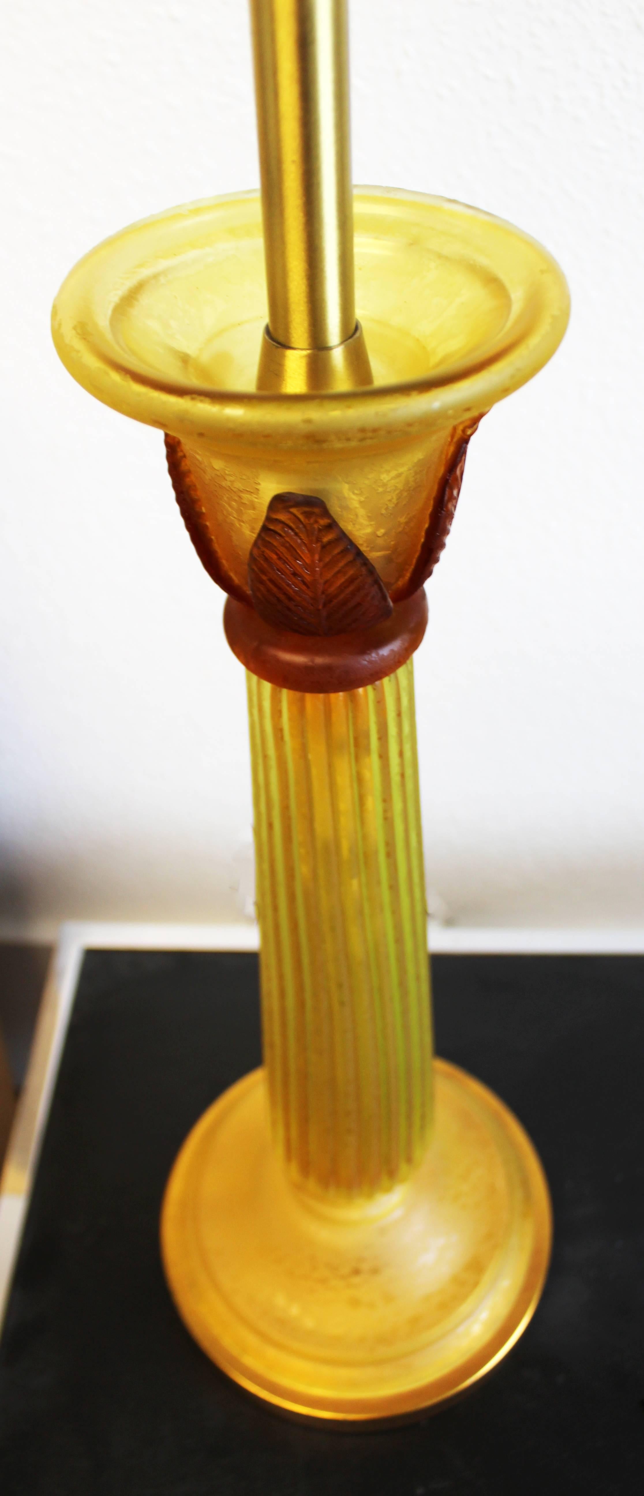 Italian Mid-Century Modern Seguso for Marbro Pair of Amber Glass Lamps Original Shades