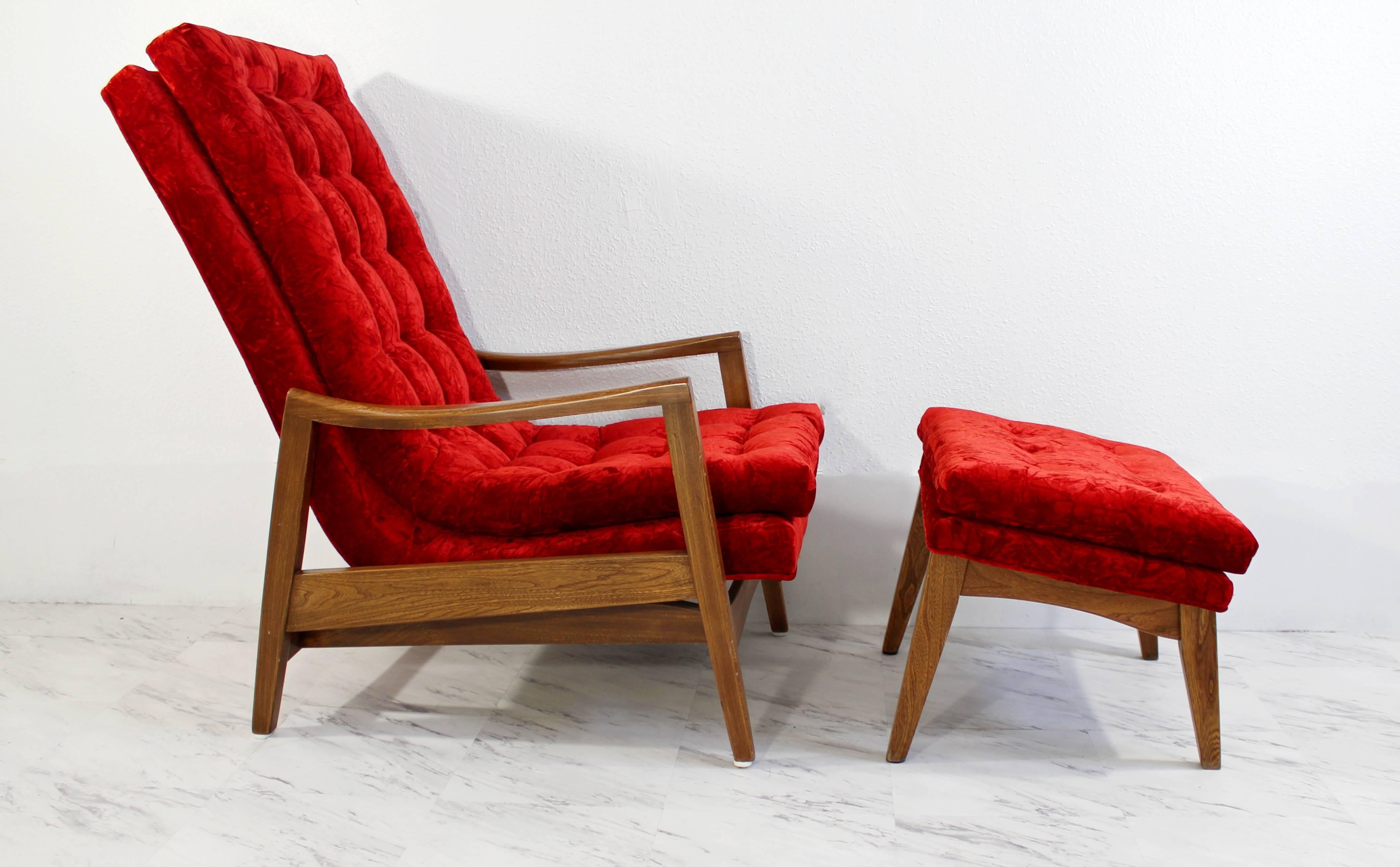 For your consideration is a magnificent, walnut rocker and ottoman, with a crushed velvet upholstery (Chinese red) by Milo Baughman. In great condition. The dimensions of the chair are 26.5