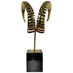 Mid-Century Modern Jere Brass Ram's Horns Sculpture Marble Signed Dated, 1983
