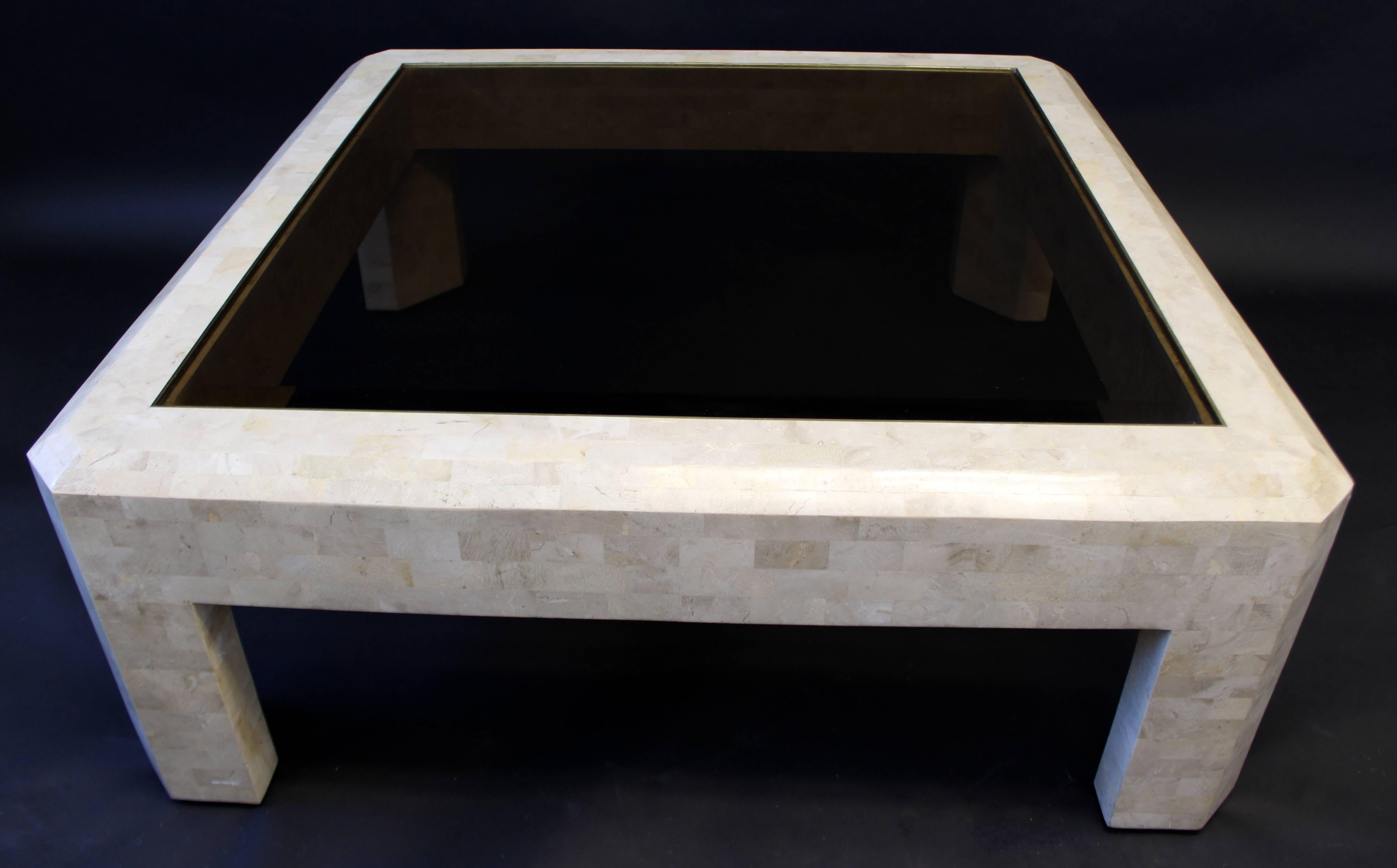 Mid-Century Maitland-Smith Tessellated Stone and Brass Coffee Table In Good Condition In Keego Harbor, MI