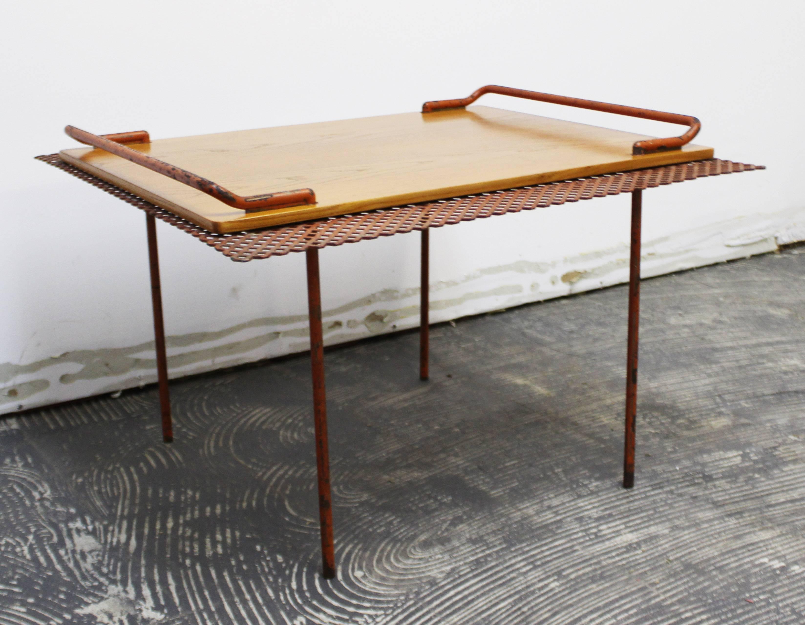 Finnish Mid-Century Modern Paavo Tynell for Taito Oy Finland Perforated Metal Oak Table