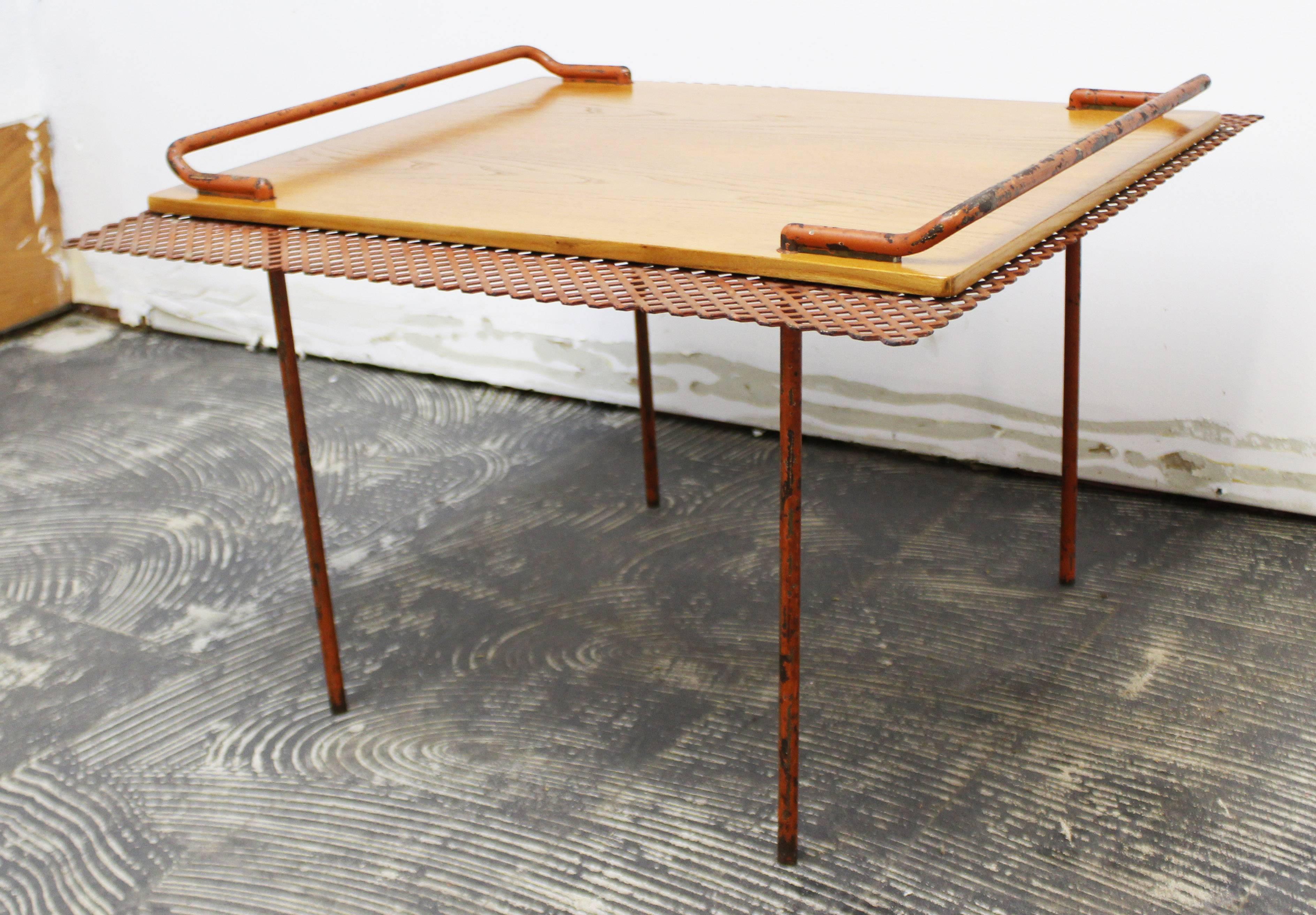 Mid-Century Modern Paavo Tynell for Taito Oy Finland Perforated Metal Oak Table In Good Condition In Keego Harbor, MI