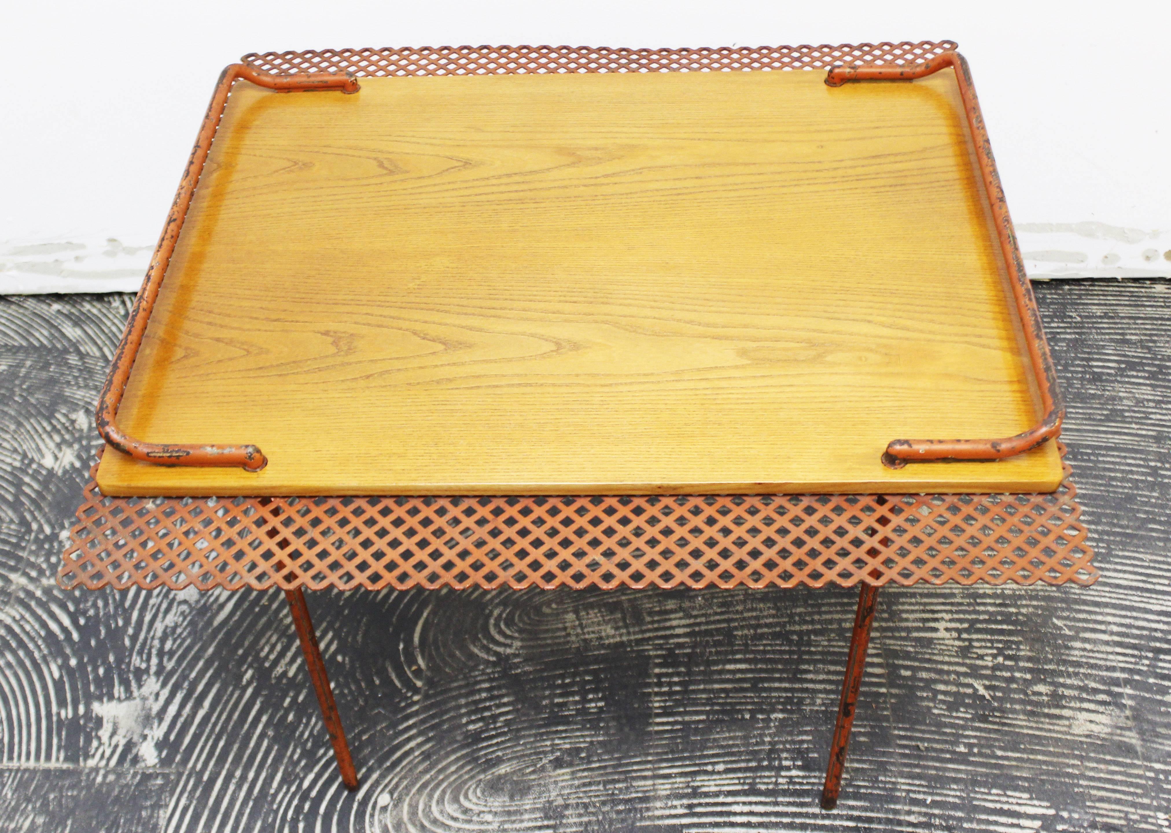 Steel Mid-Century Modern Paavo Tynell for Taito Oy Finland Perforated Metal Oak Table