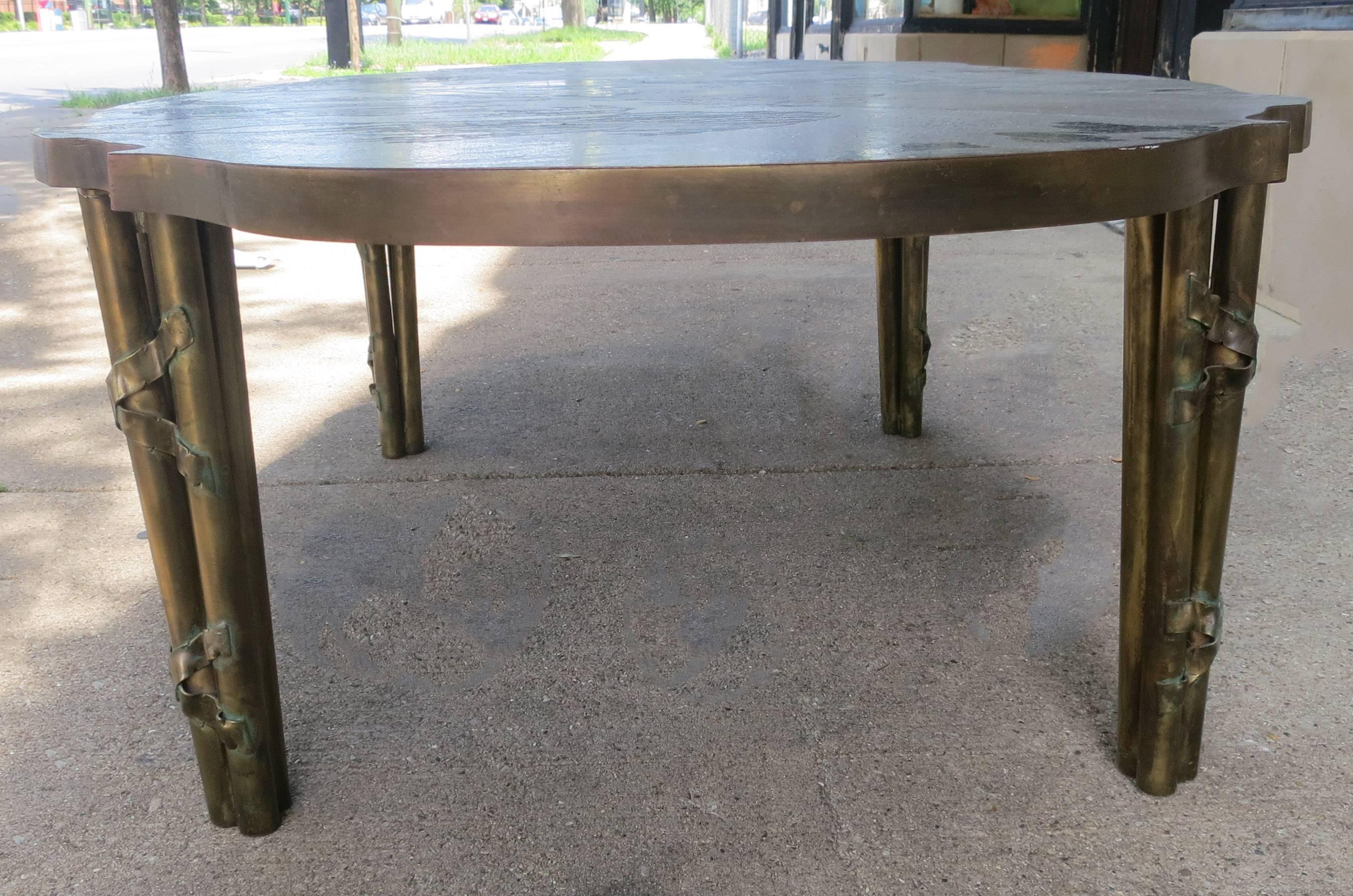 American Mid-Century Modern Philip and Kelvin Laverne Etched Bronze Pewter Coffee Table
