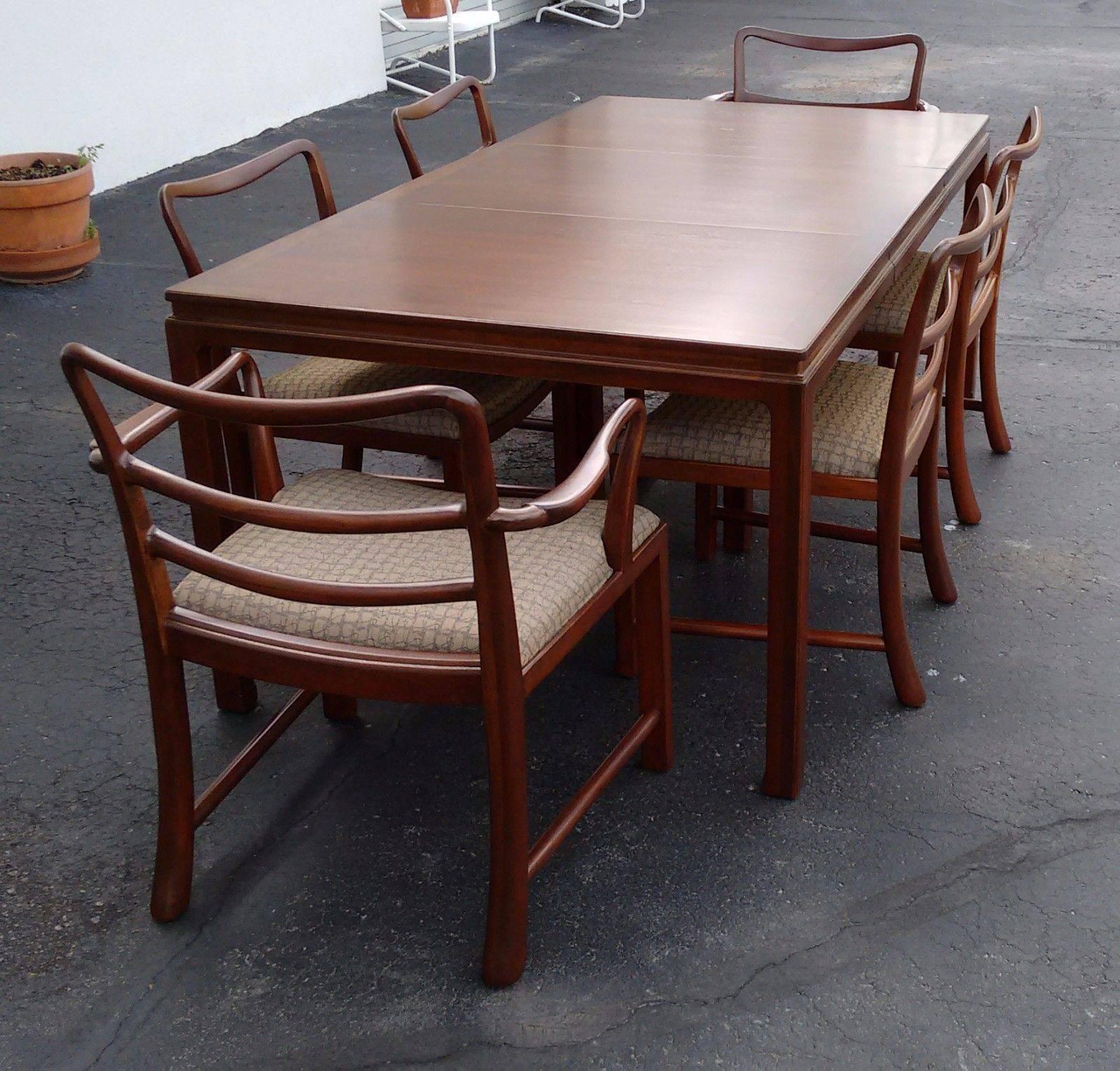 American Mid-Century Modern Brown Mahogany Dunbar Extendable Dining Table and Six Chairs