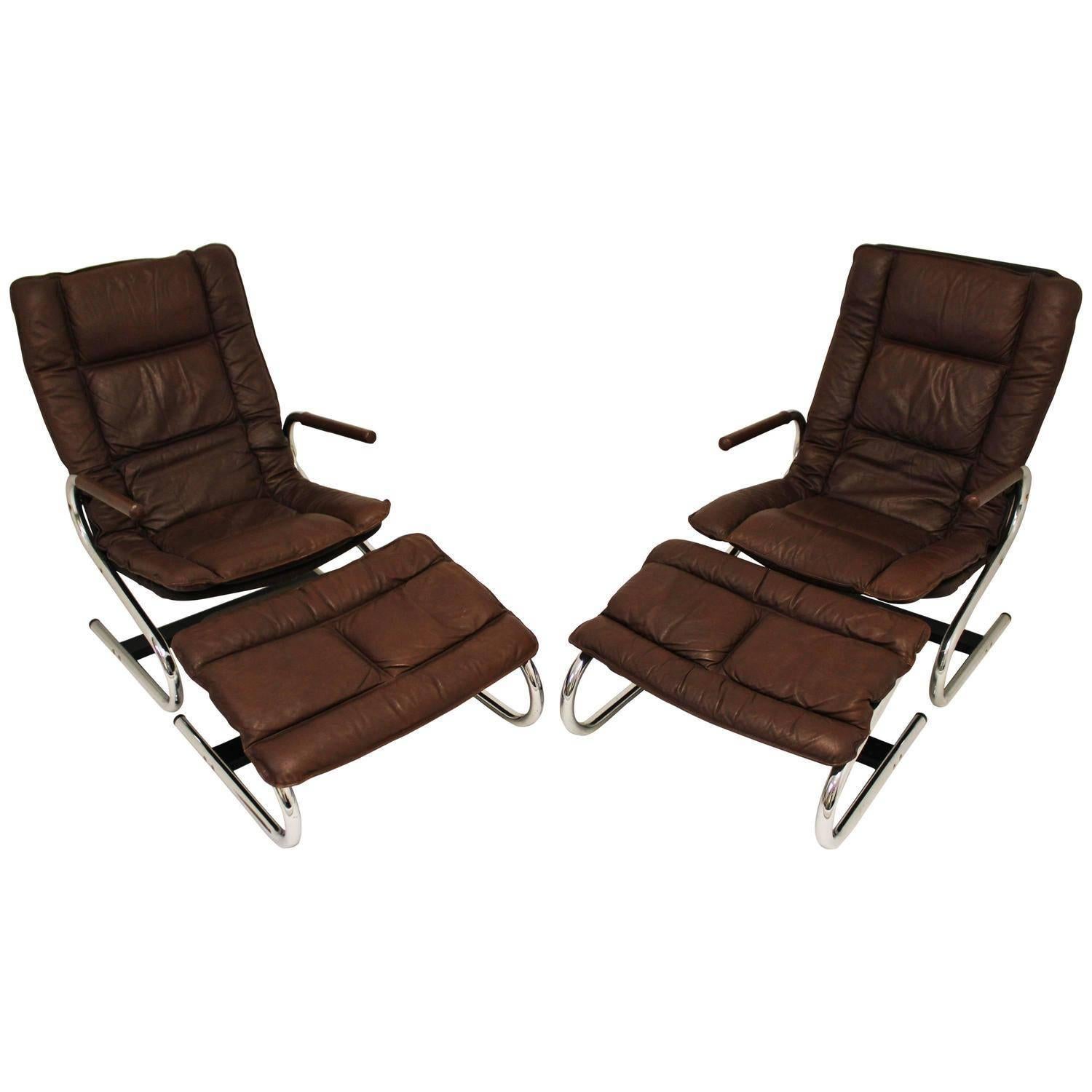 Mid-Century Modern Ingmar Relling Pair of Lounge Chairs and Ottomans, Danish