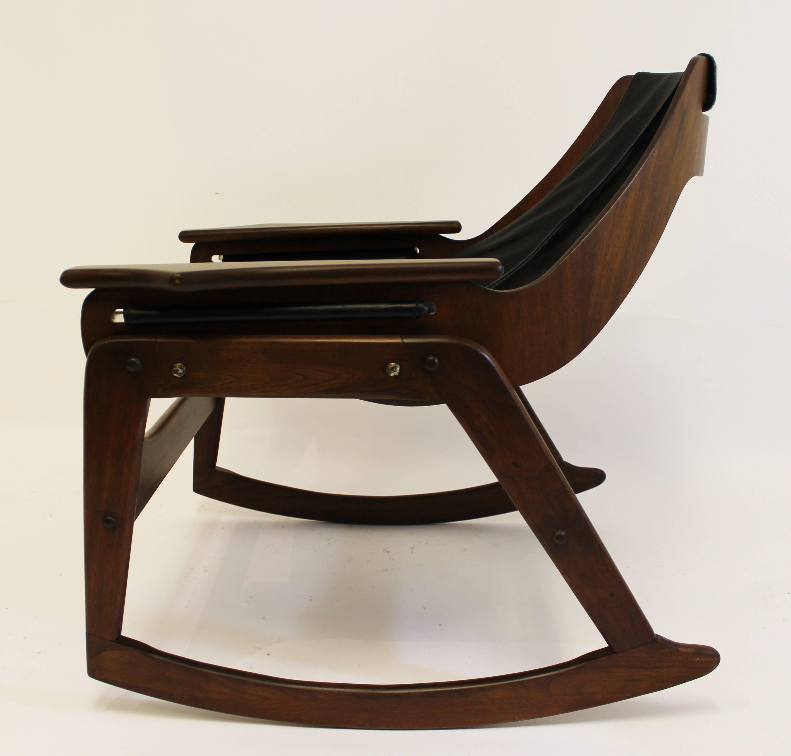 Mid-20th Century Mid-Century Modern Sling Walnut and Leather Rocking Chair by Leathercrafter