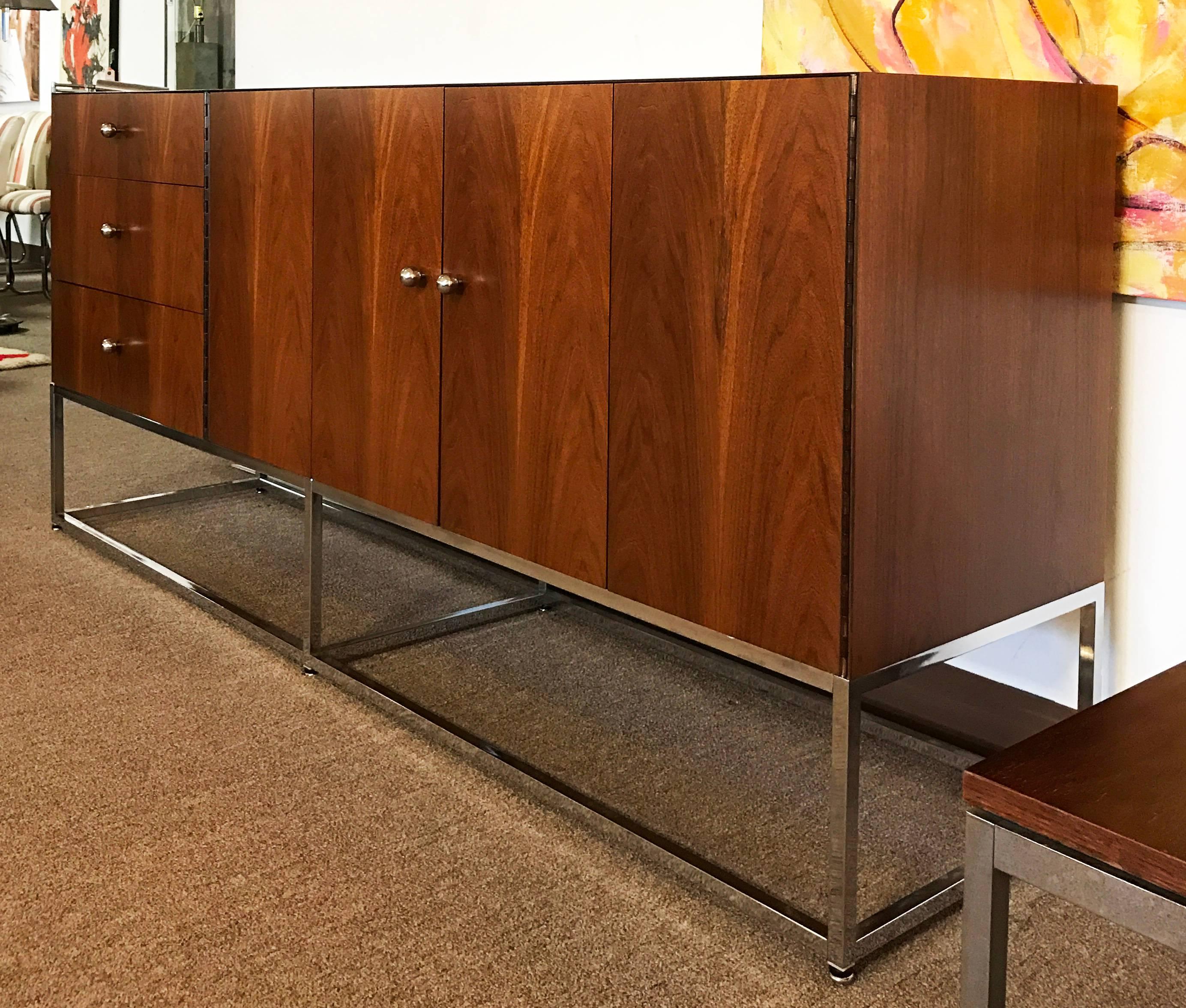 American Mid-Century Modern Baughman for Rougier Walnut Credenza on Floating Chrome Base