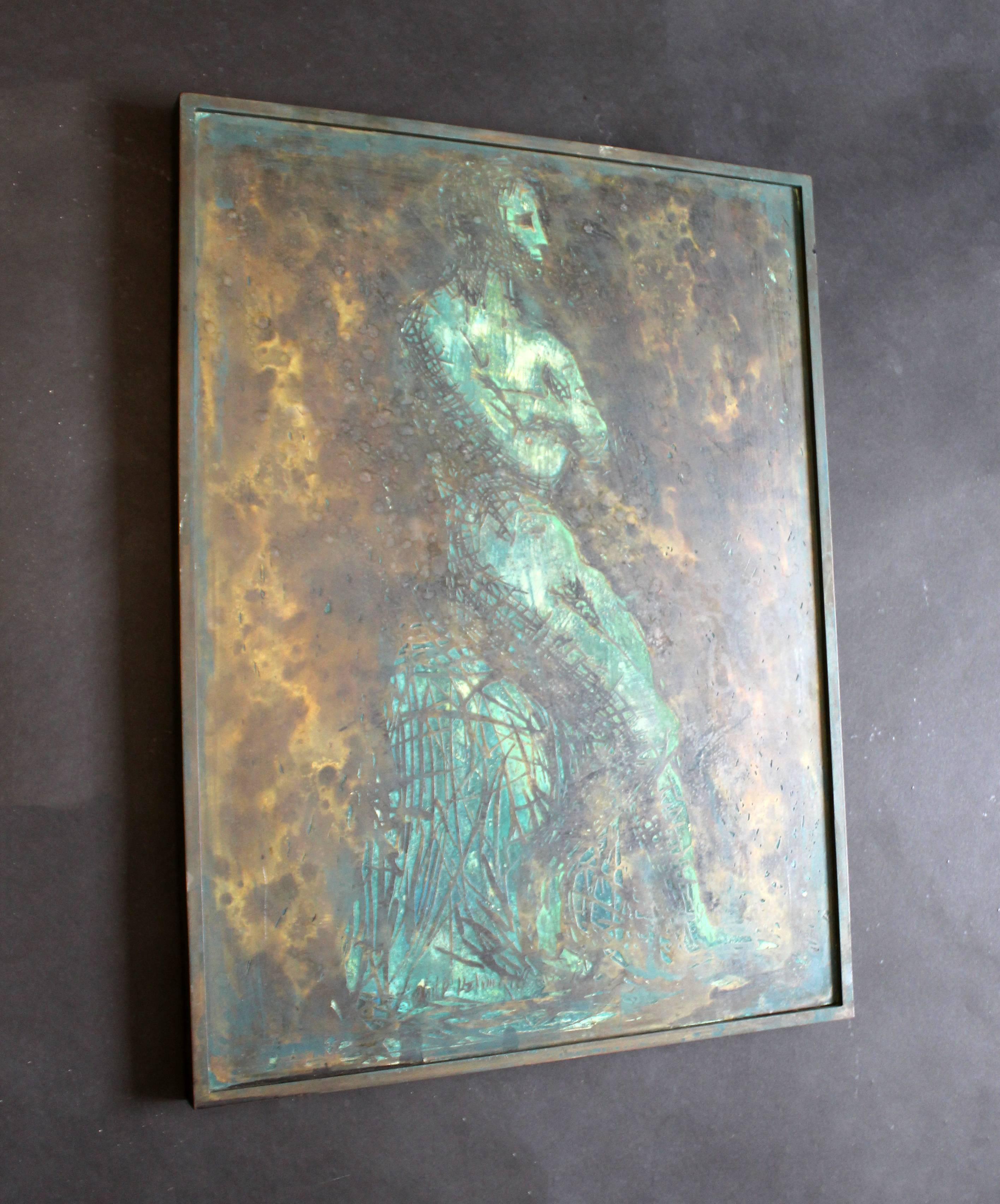 For your consideration is a wall plaque, depicting a beautifully vulnerable, male nude, by Philip and Kelvin LaVerne. Patinated and enameled bronze. 
In excellent condition. The dimensions are 18" W x 1" D x 24" (2') H.