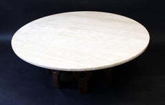 Mid-Century Modern John Keal Wood Base Round Travertine Top Coffee Table