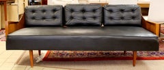 Mid-Century Modern Danish Walnut and Black Vinyl Curved Back Sofa Retro, 1960s