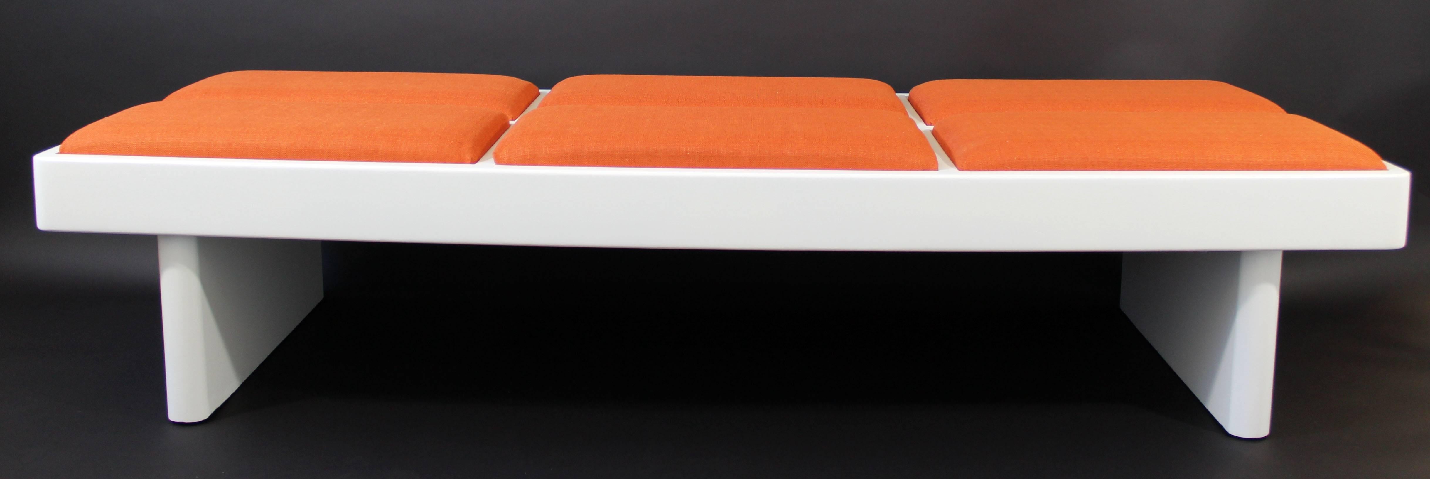For your consideration is a wonderful, white lacquer wood bench, with orange, padded cushions, circa 1970s. Just came back from being professionally refinished and new cushions made. These came from the executive offices of the famed JL Hudson's. In