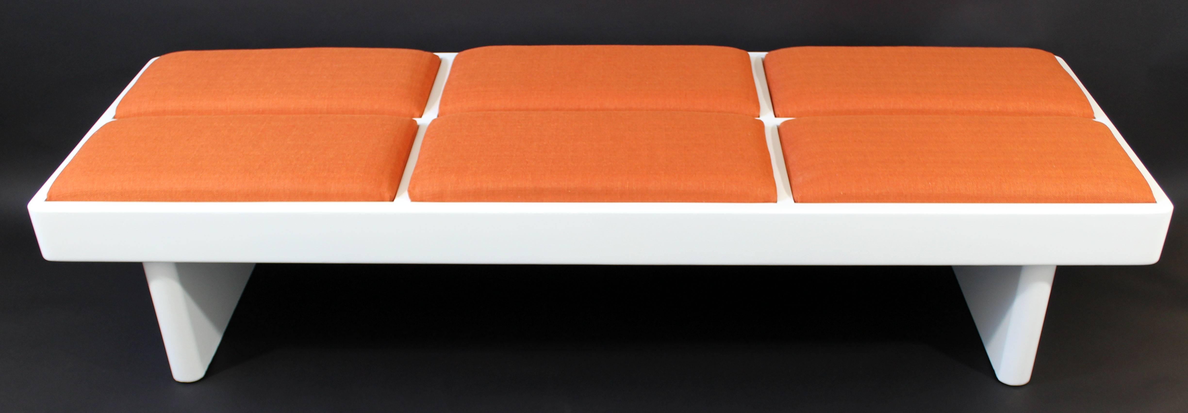 Late 20th Century Mid-Century Modern Modernist White Lacquer Wood Long Orange Padded Bench, 1970s