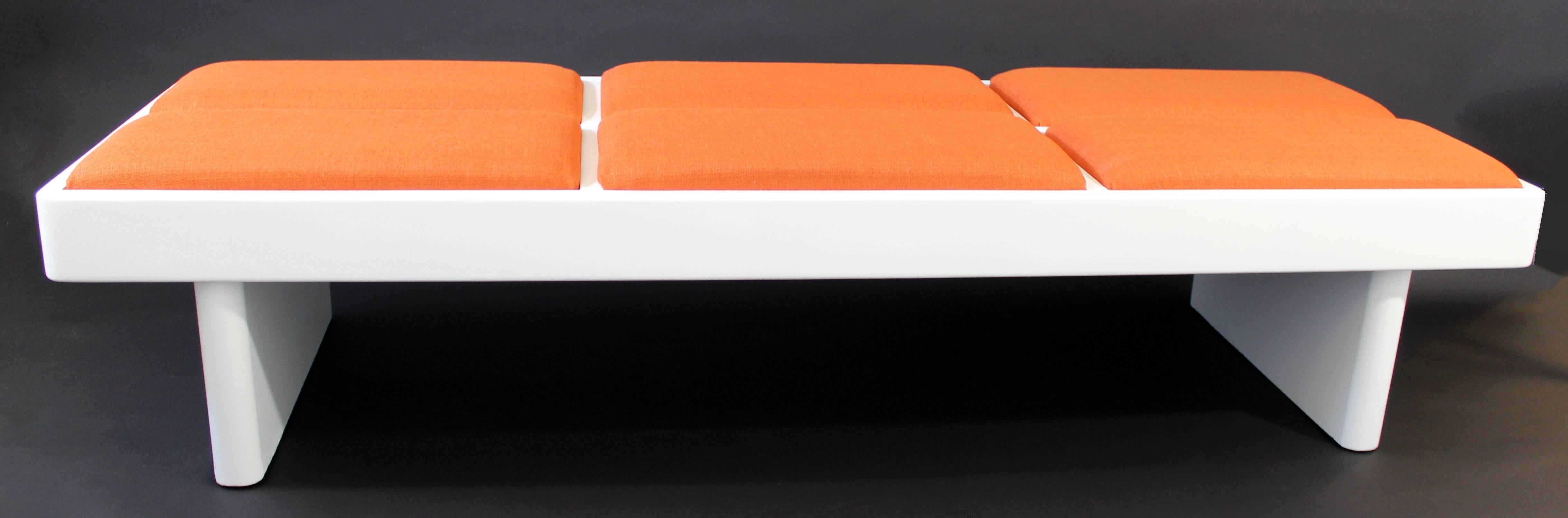 Mid-Century Modern Modernist White Lacquer Wood Long Orange Padded Bench, 1970s 1