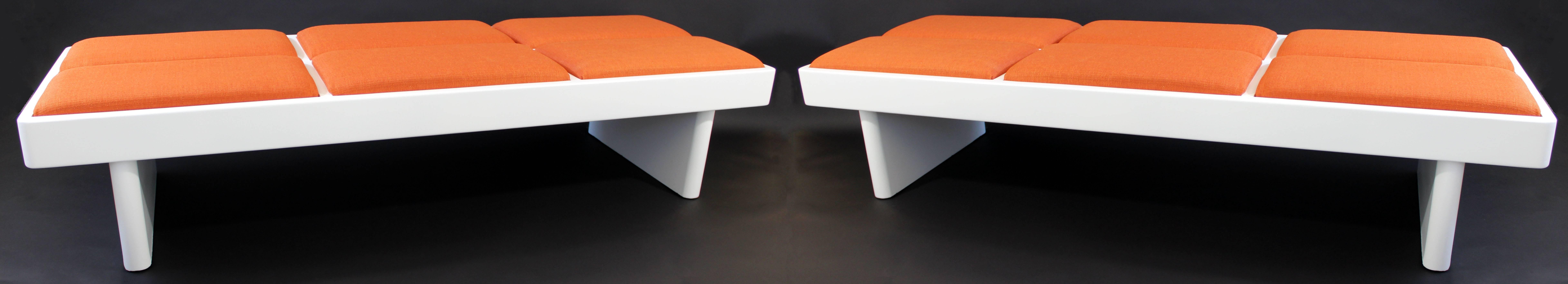 Mid-Century Modern Modernist White Lacquer Wood Long Orange Padded Bench, 1970s 5