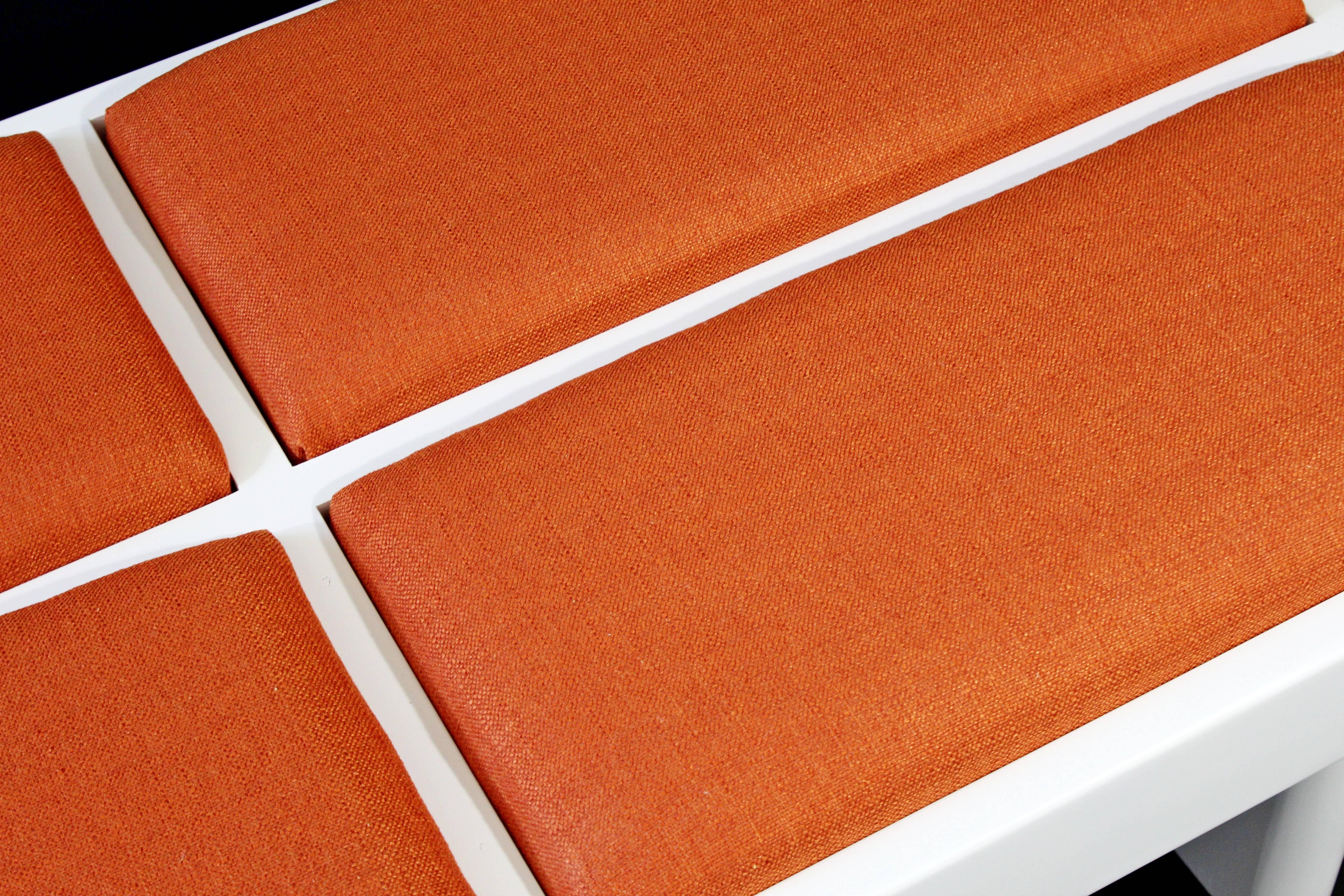 Mid-Century Modern Modernist White Lacquer Wood Long Orange Padded Bench, 1970s 4