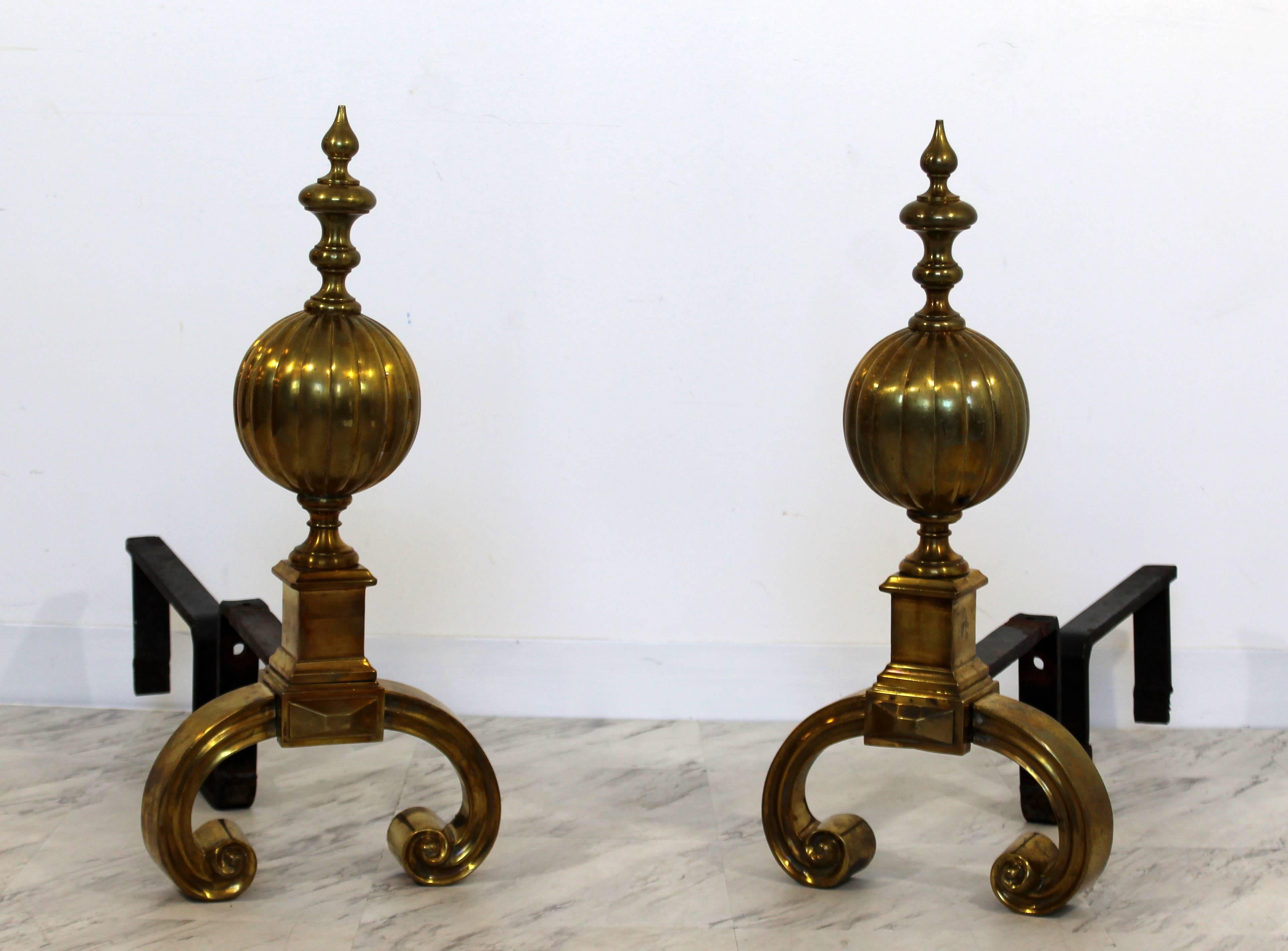 American Art Deco Pair of Solid Brass and Iron Metal Andirons Decorative Fireplace Tools