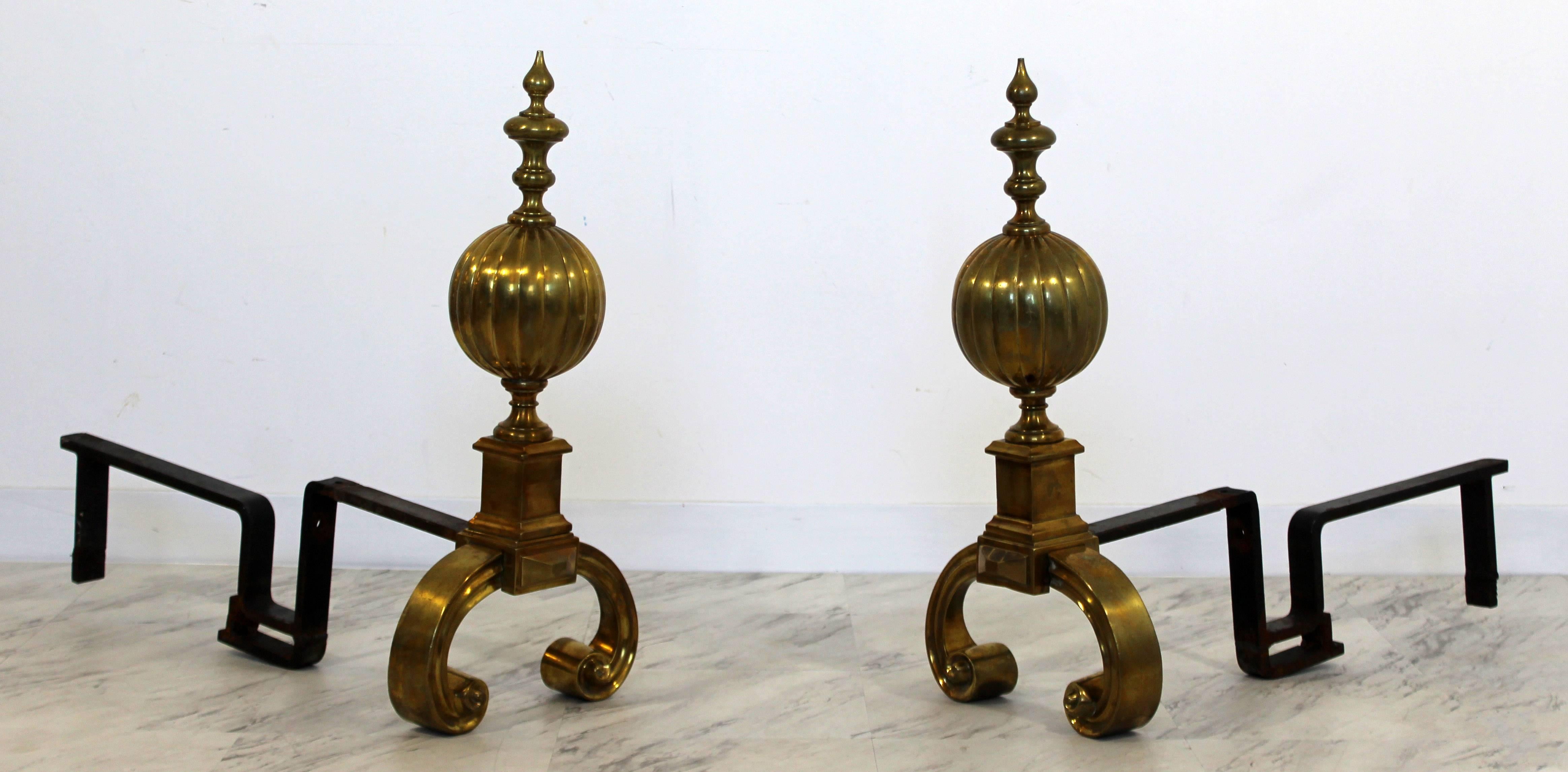 Art Deco Pair of Solid Brass and Iron Metal Andirons Decorative Fireplace Tools In Good Condition In Keego Harbor, MI