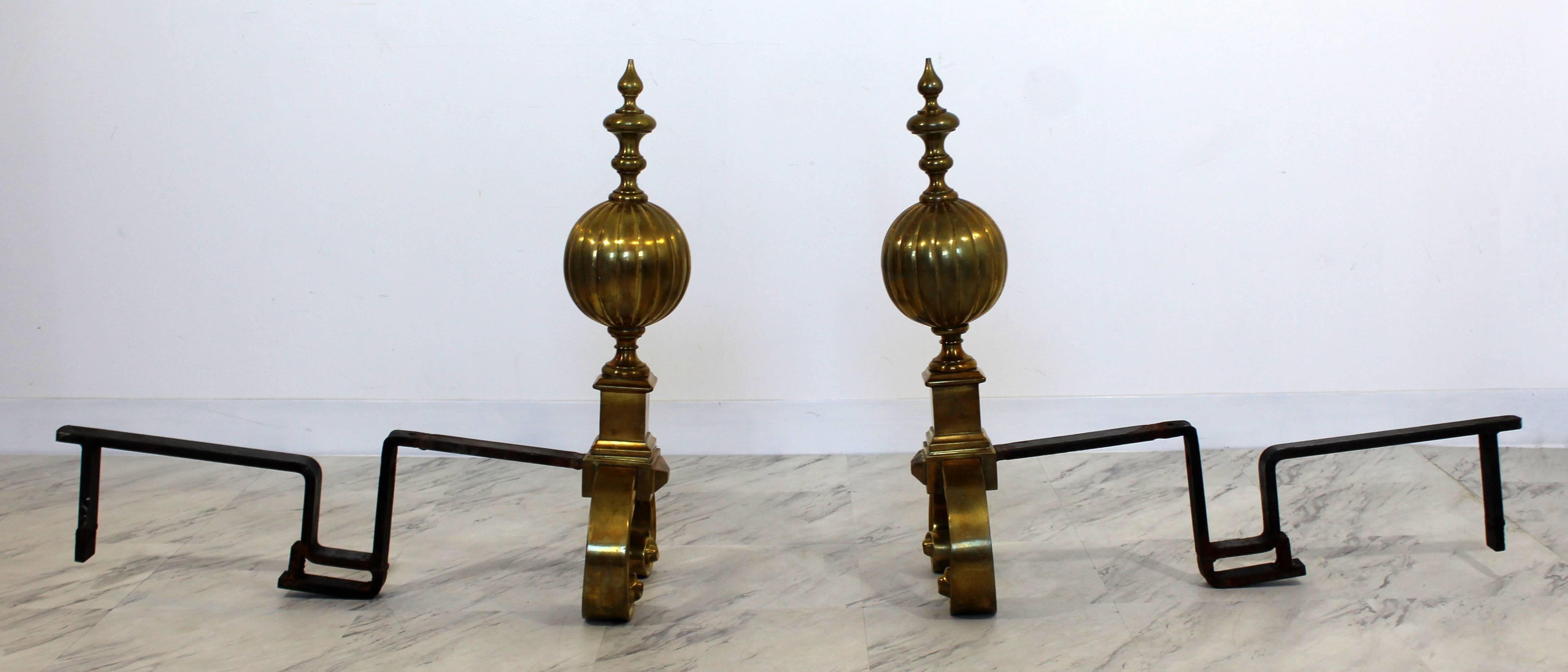 Mid-20th Century Art Deco Pair of Solid Brass and Iron Metal Andirons Decorative Fireplace Tools