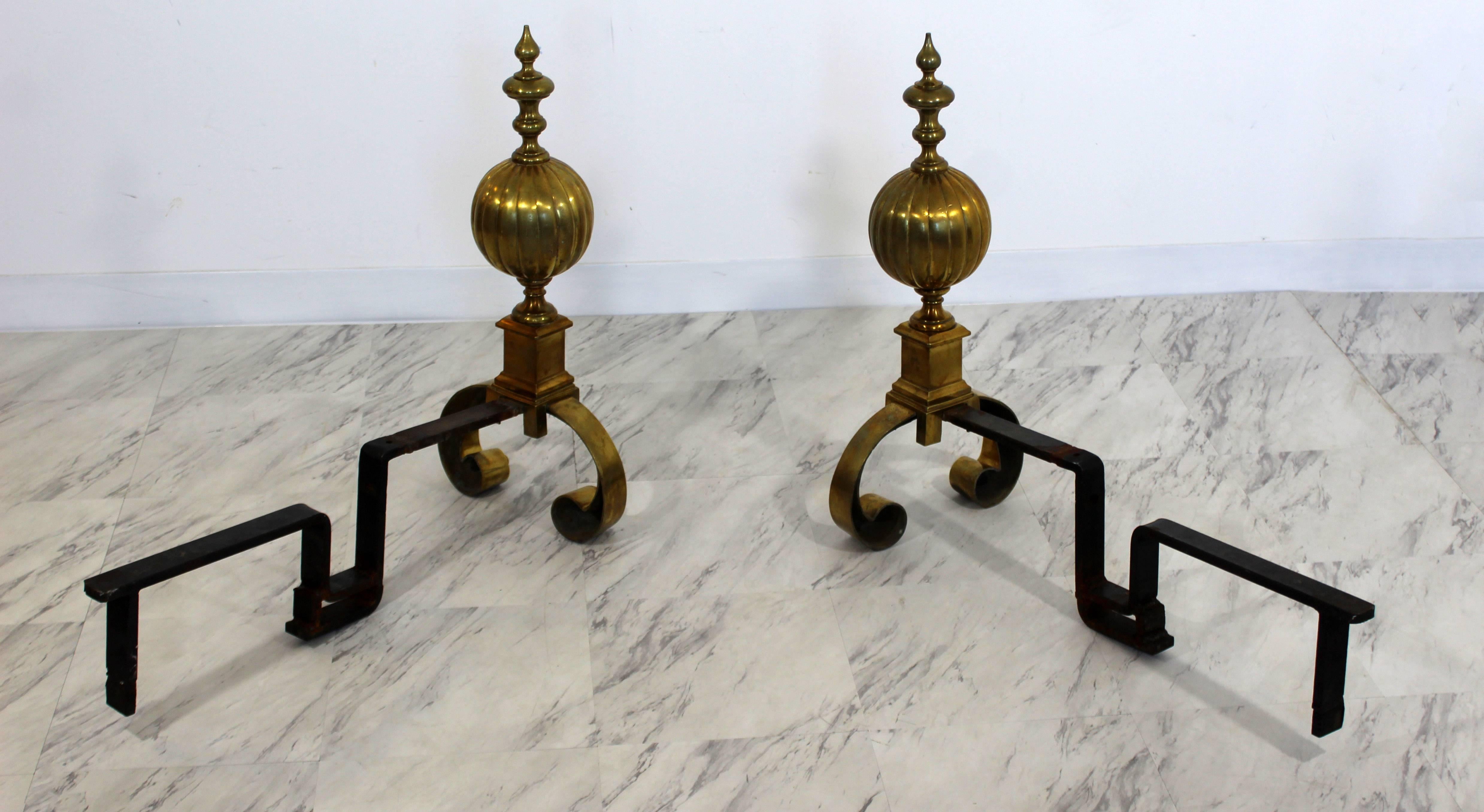 Art Deco Pair of Solid Brass and Iron Metal Andirons Decorative Fireplace Tools 1