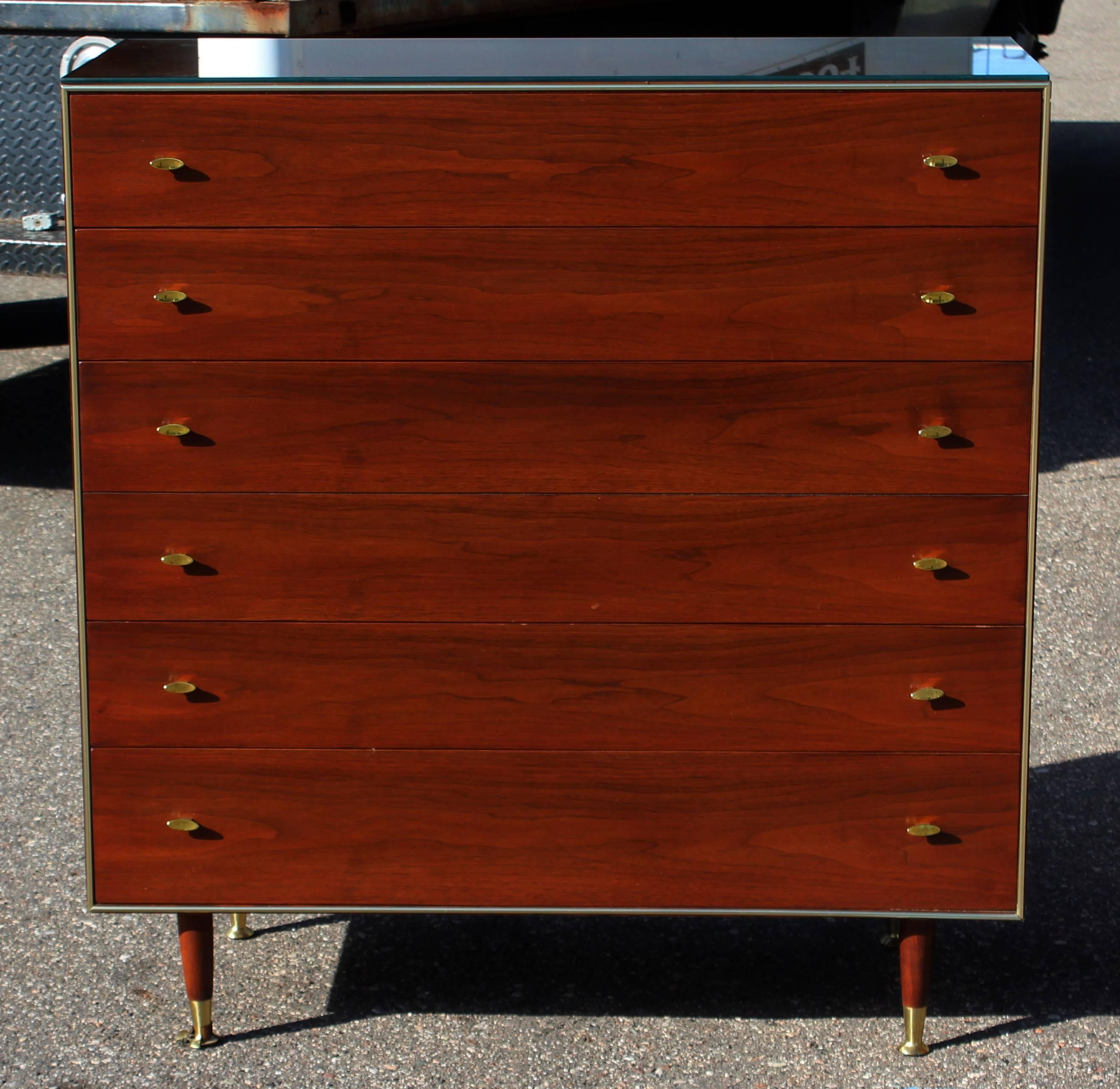 For your consideration is a magnificent, walnut bedroom set, including a highboy cabinet, lowboy credenza dresser and a pair of nightstands. Lowboy has an attachable mirror, shown in photos. This set was made in the 1950s by R-Way Furniture. In